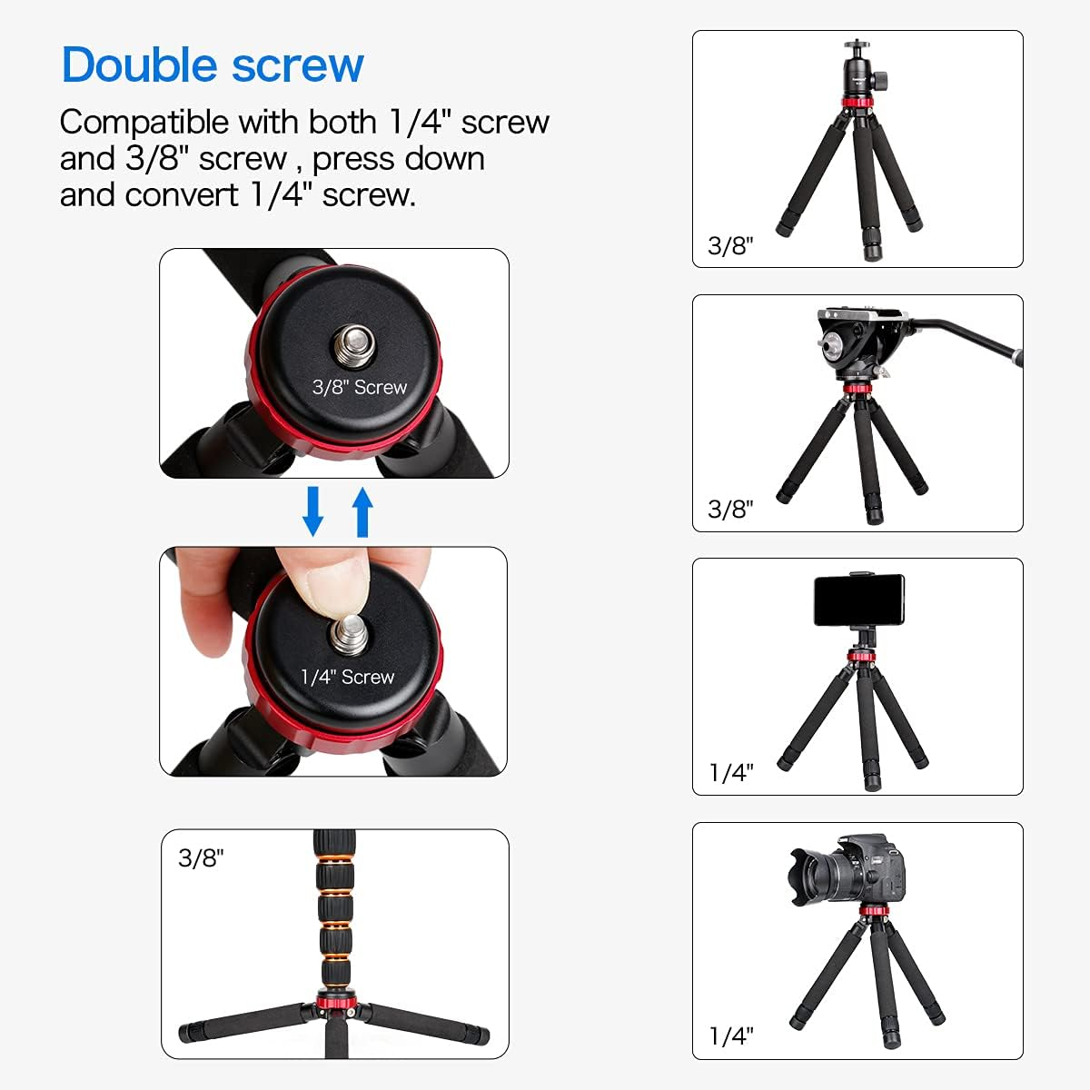 Diagramm zeigt die umwandelbare Doppelschraube eines Stativs für 1/4" und 3/8" Gewinde mit verschiedenen Geräten.