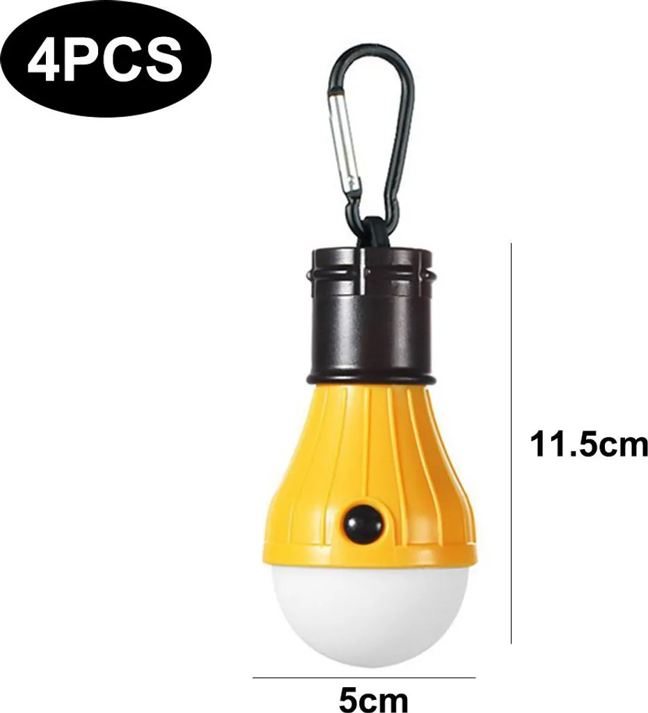 Gelbe und schwarze LED-Campinglampe mit Karabiner, 11,5 cm hoch und 5 cm breit, im 4er-Set.