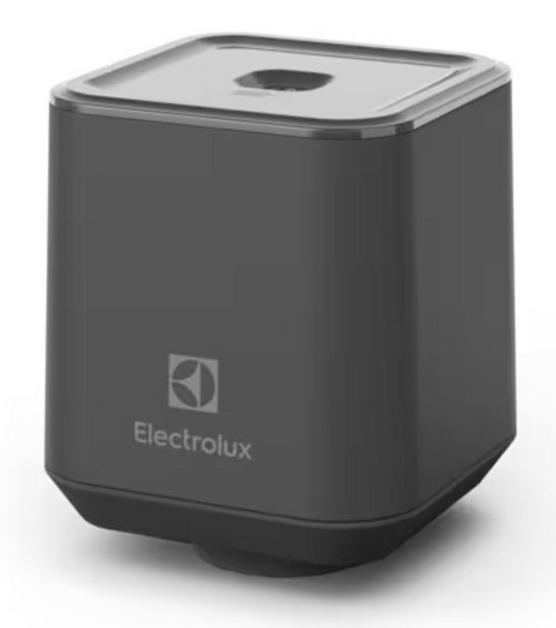 Purificatore d'aria Electrolux grigio scuro a forma di cubo su sfondo bianco.
