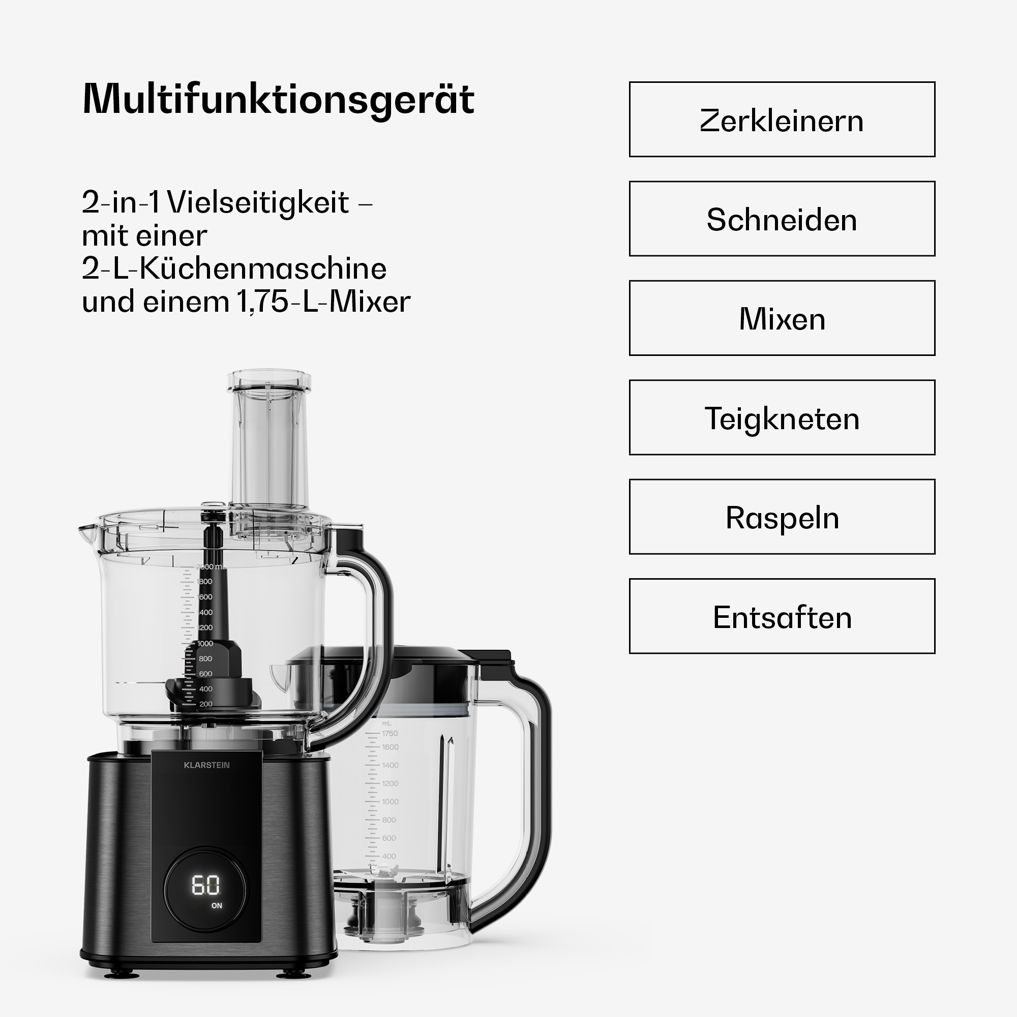 Apparecchio multifunzione Klarstein con robot da cucina e frullatore, con tasti.