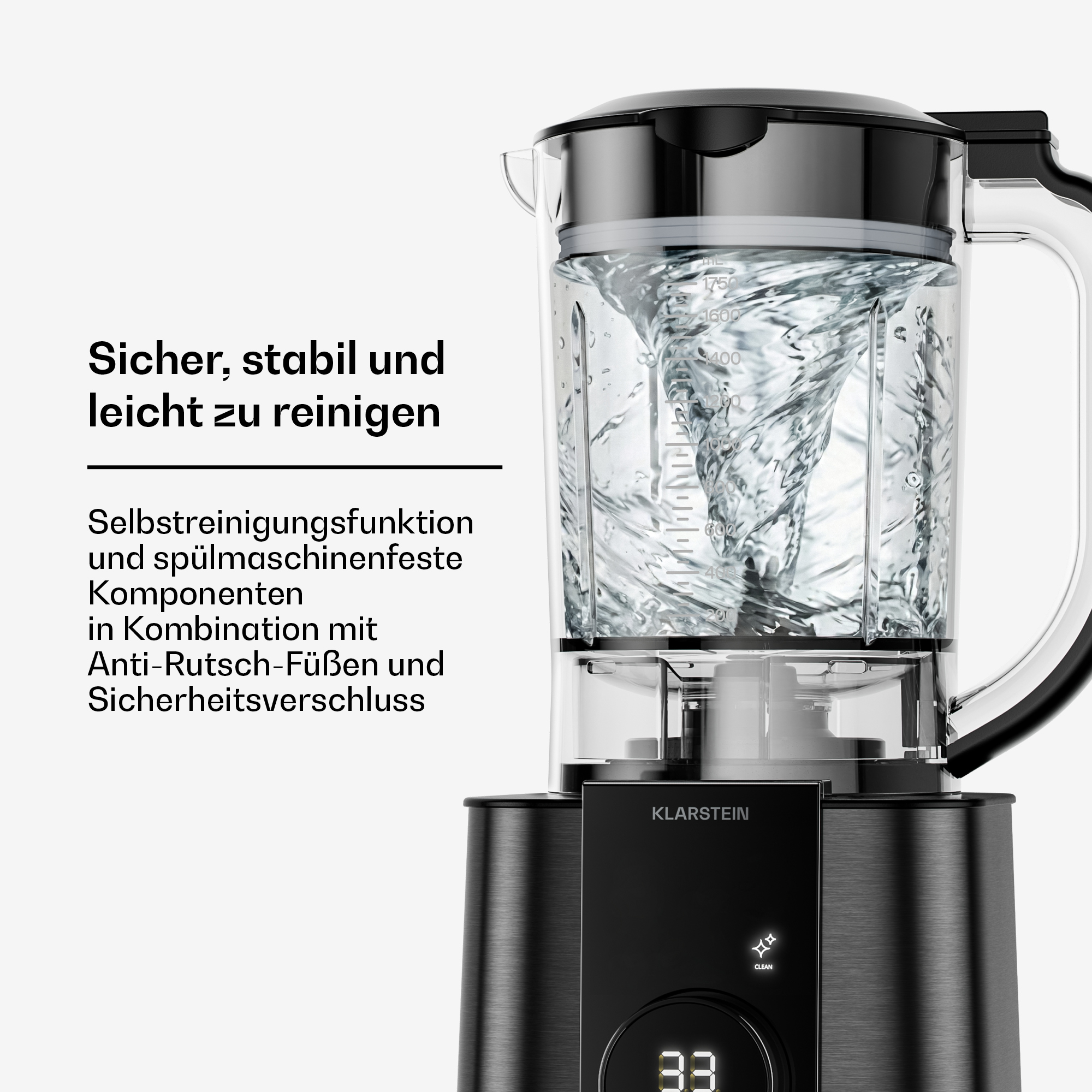 Un frullatore Klarstein con acqua vorticosa nella caraffa di vetro e testo in tedesco.