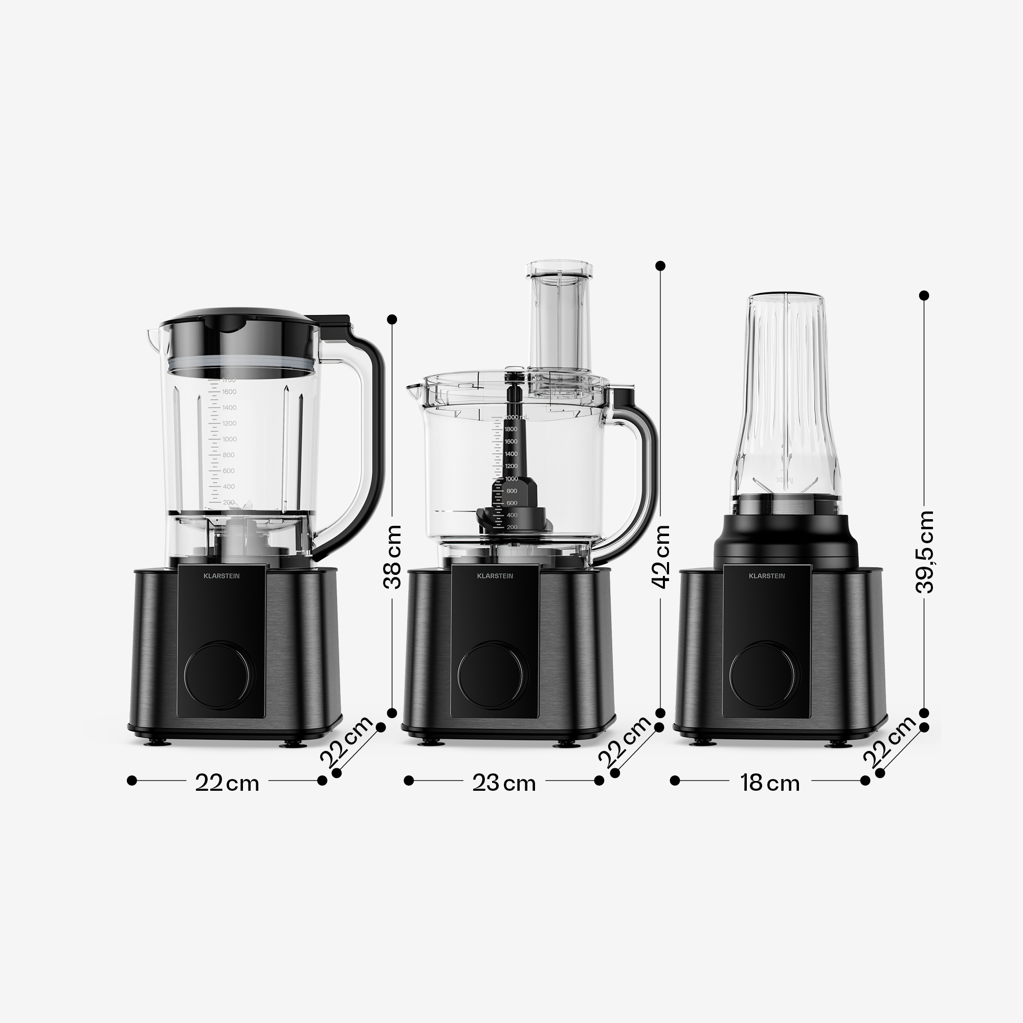 Tre elettrodomestici da cucina neri con misure in centimetri su sfondo bianco.