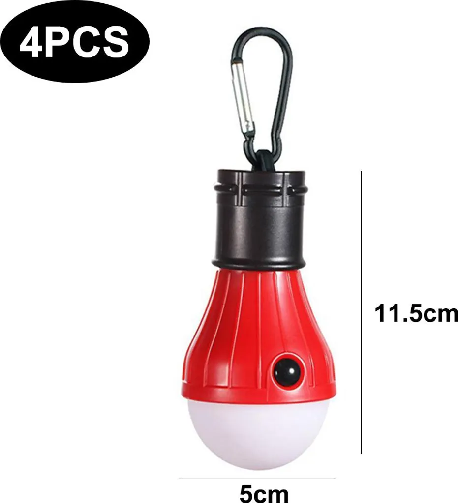 Eine rote und schwarze tragbare LED-Glühbirne mit schwarzem Karabinerhaken und Maßangaben.