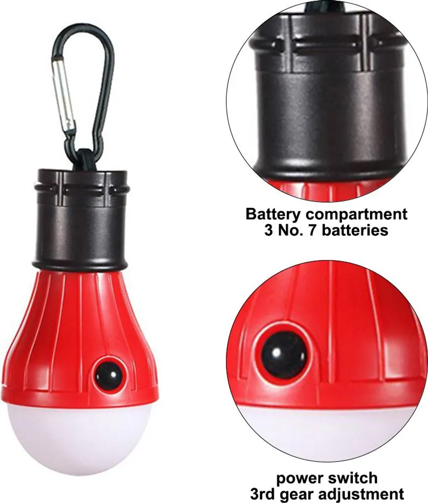 Rote LED-Campingleuchte mit Karabiner, Batterie- und Schalterdetail.