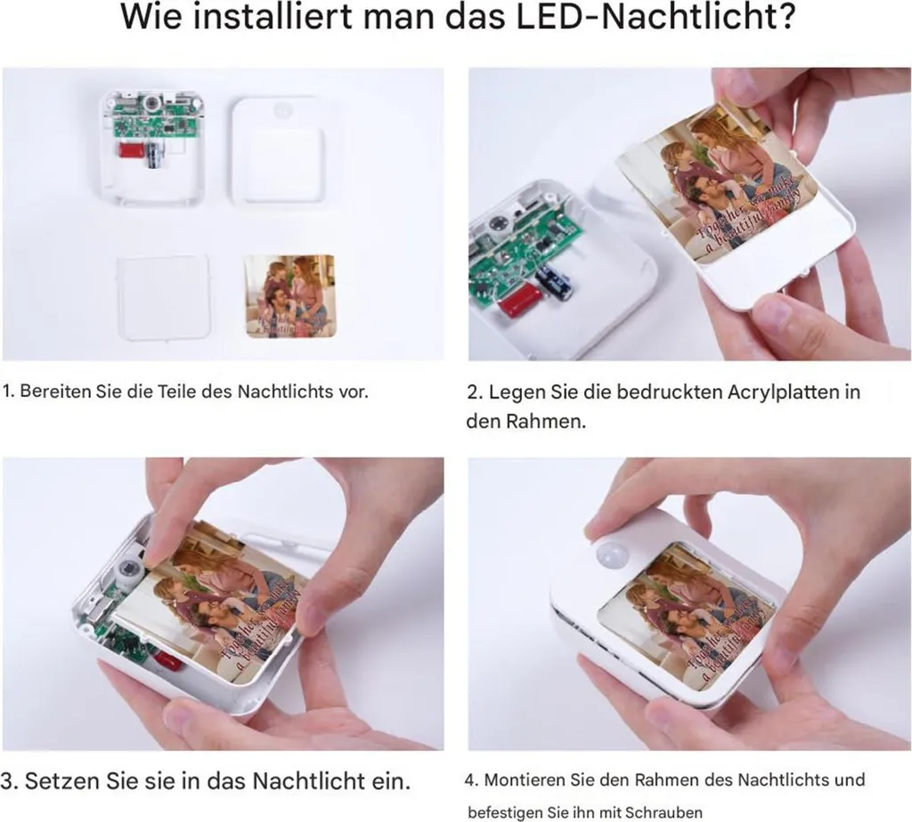 Vier Schritte zur Montage des LED-Nachtlichts mit personalisiertem Fotodruck.