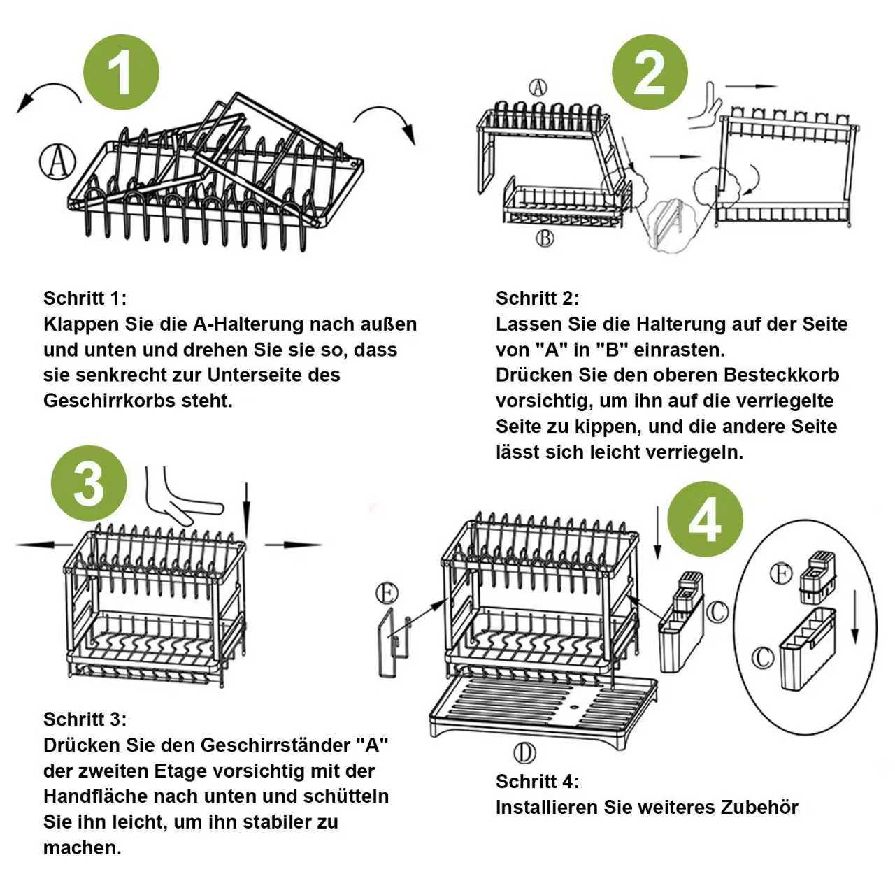 Ein vierteiliges Anleitungsdiagramm zur Montage eines zweistöckigen Geschirrständers, mit deutschem Text.