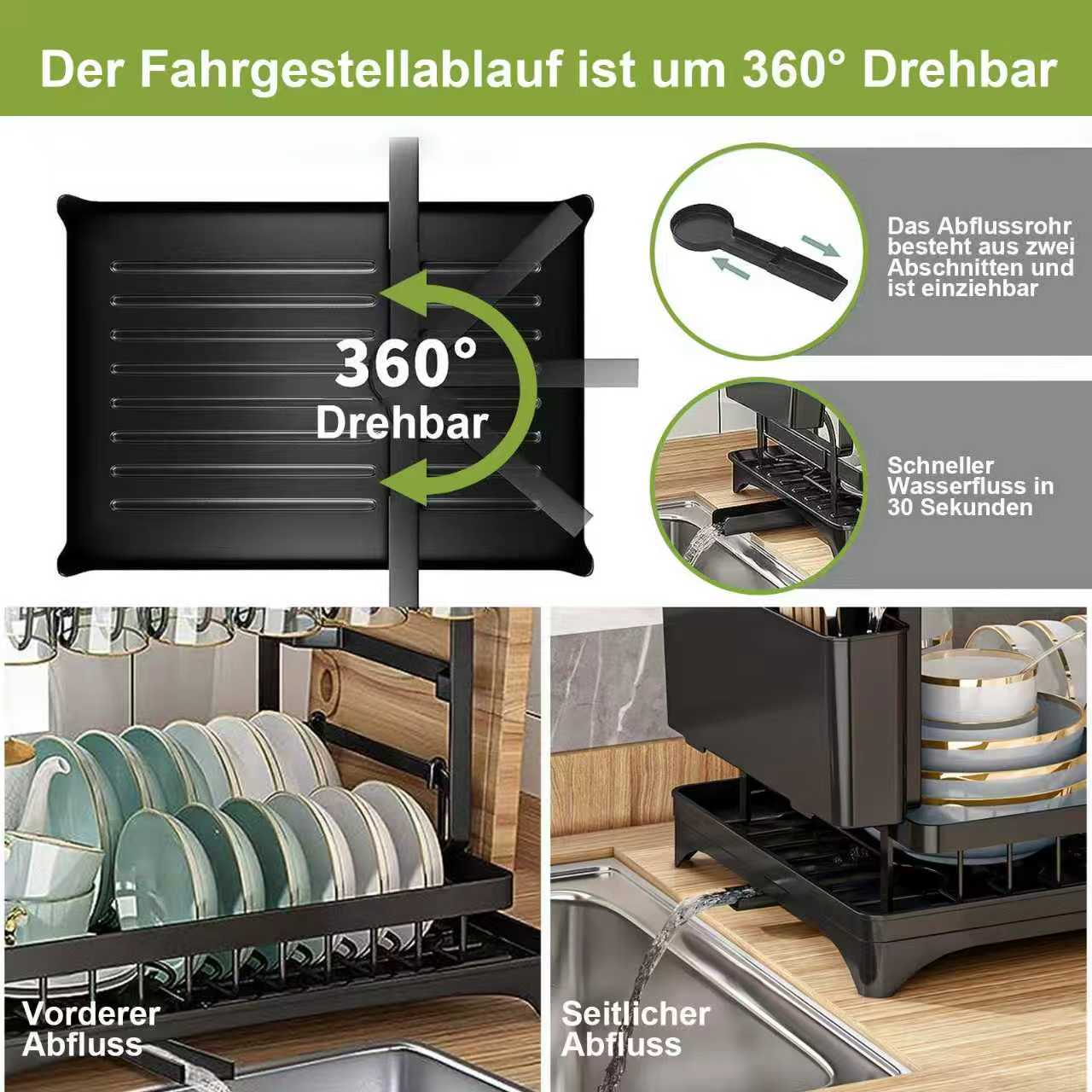 Diagramm zeigt einen 360-Grad drehbaren schwarzen Geschirrkorb mit ausziehbarem Abflussrohr über einer Spüle.