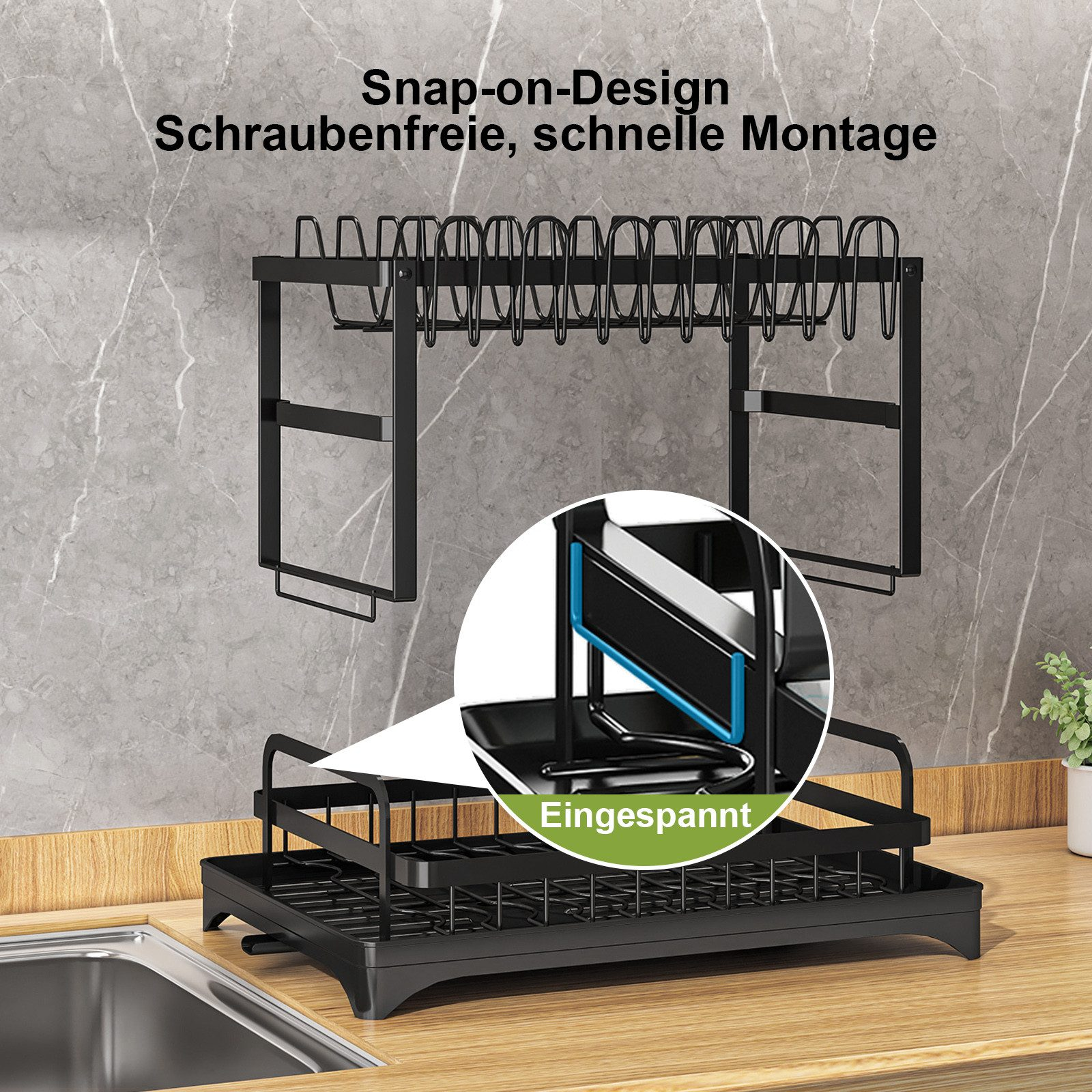 Schwarzes Abtropfgestell mit Snap-on-Design auf einer Küchenarbeitsplatte.