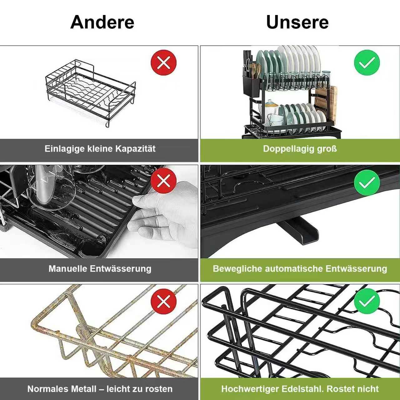 Vergleich zweier Abtropfgestelle: Links einfach mit Rost, rechts doppelt aus rostfreiem Edelstahl.