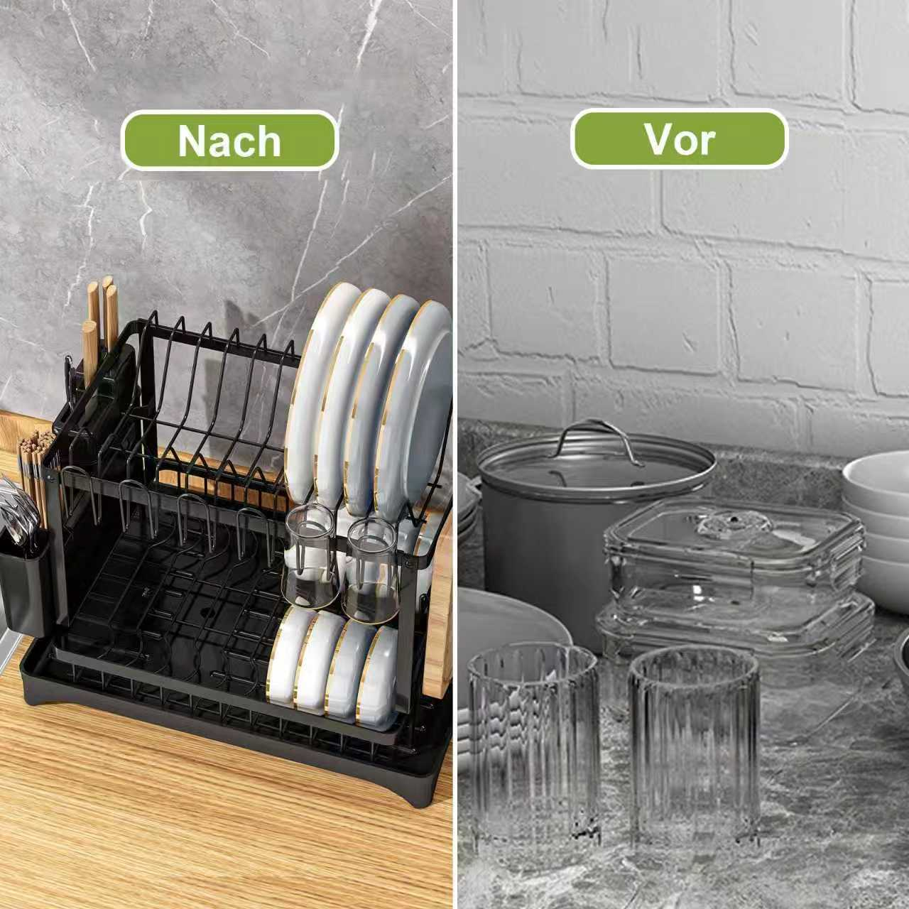 Vergleichsbild: Ein schwarzer Geschirrkorb links beschriftet mit Nach, und unaufgeräumtes Geschirr rechts mit Vor.