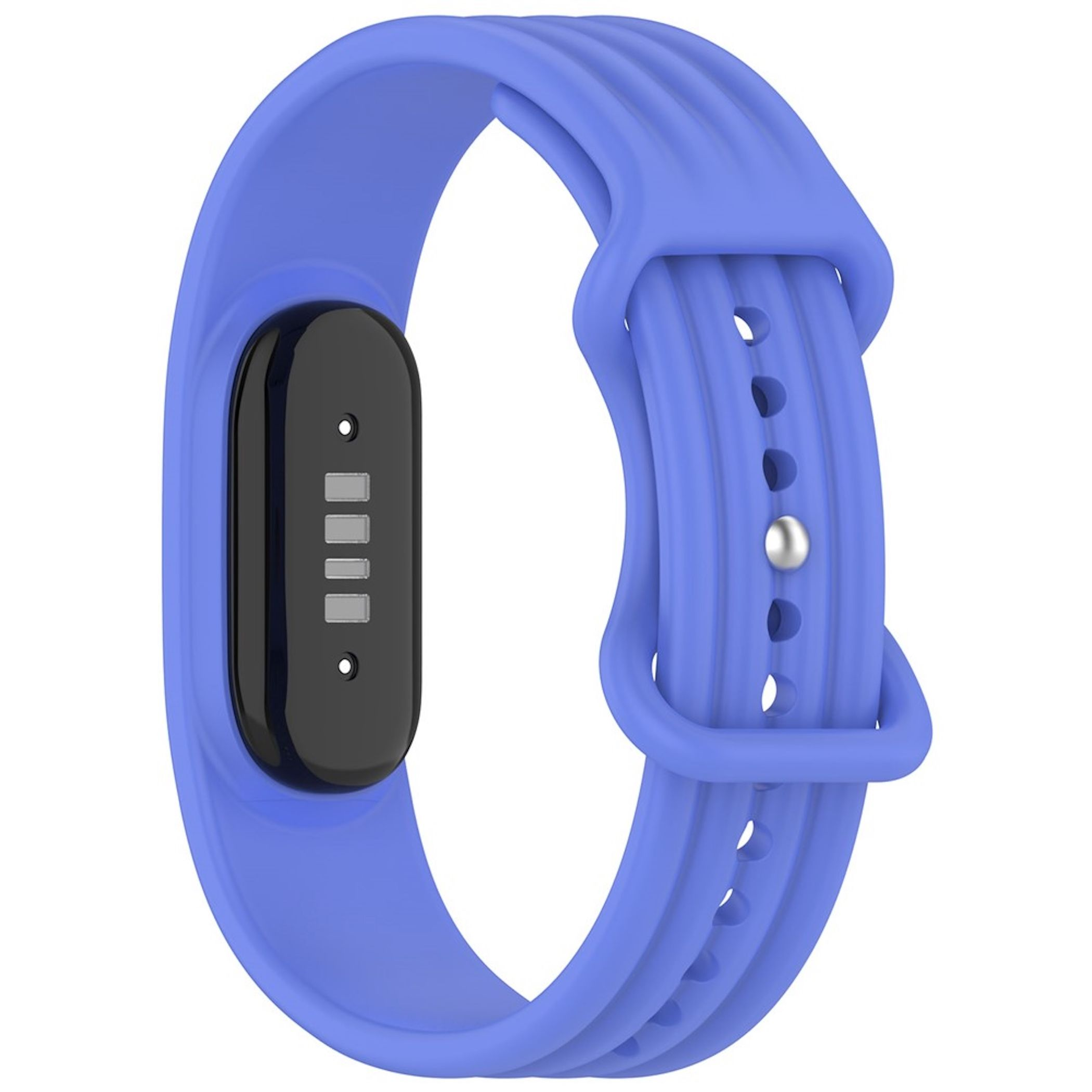 Ein blaues Silikonarmband mit einem schwarzen Fitness-Tracker-Modul, das nach oben zeigt.