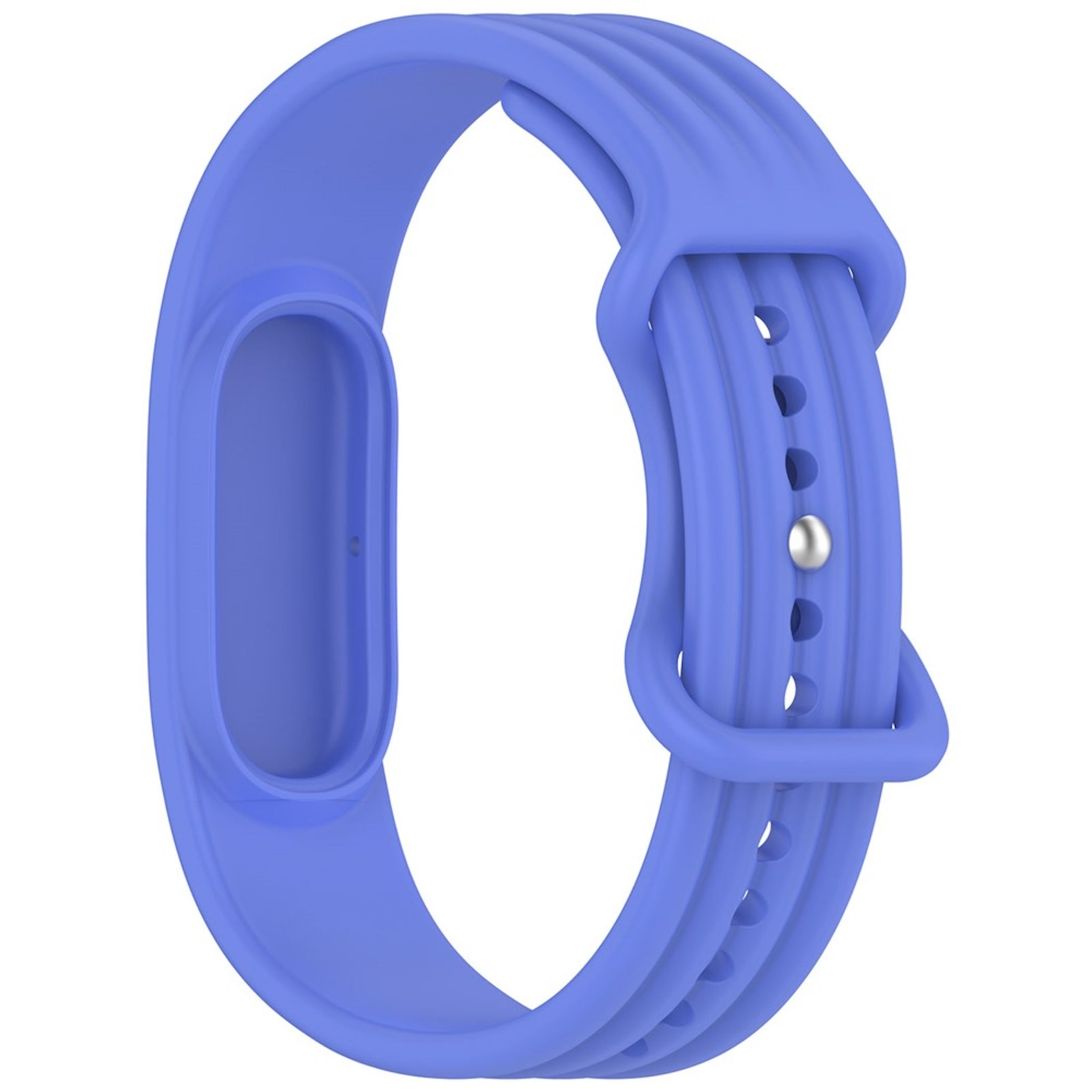 Ein blaues Silikon-Fitnessarmband mit silbernem Metallverschluss vor weißem Hintergrund.