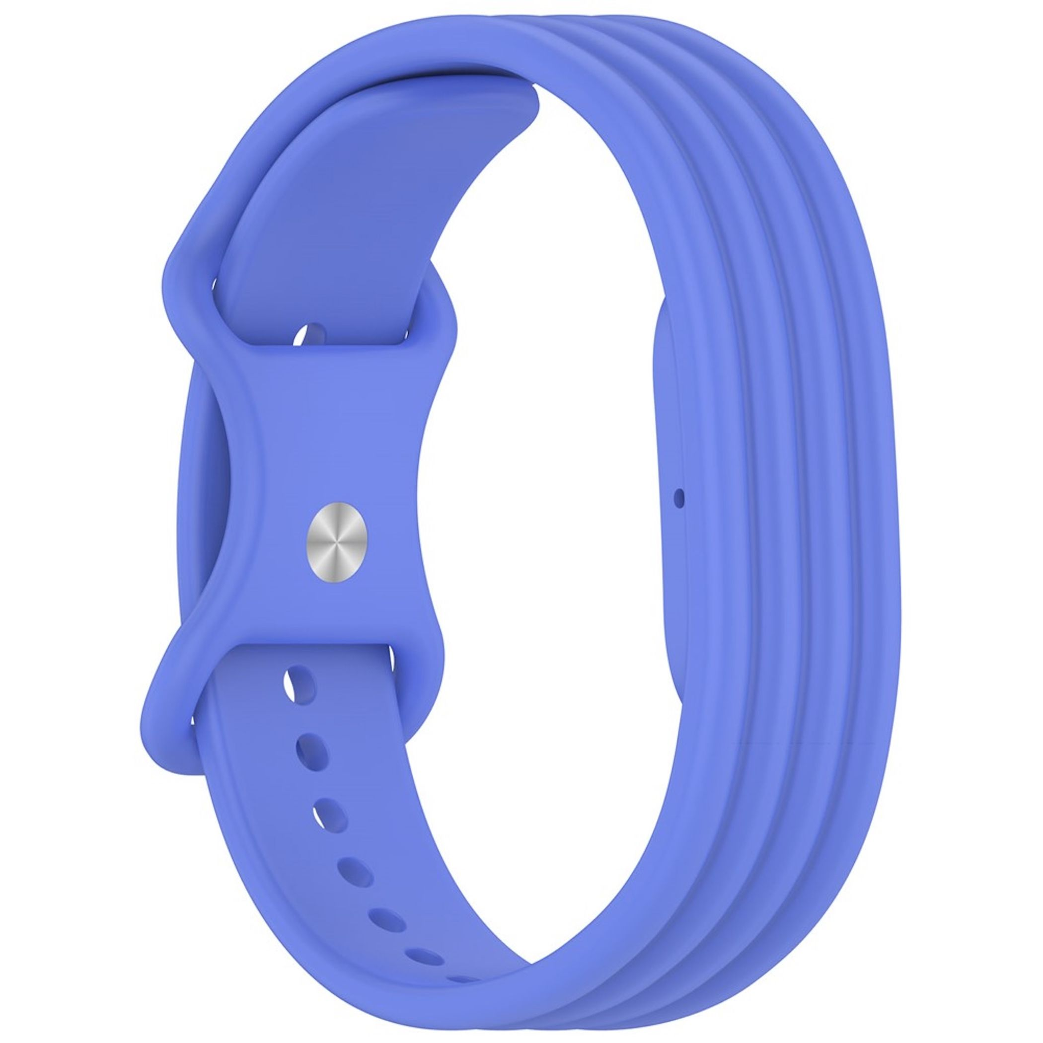 Ein blaues Silikon-Fitnessarmband mit silberner Metallschließe, isoliert auf weißem Hintergrund.