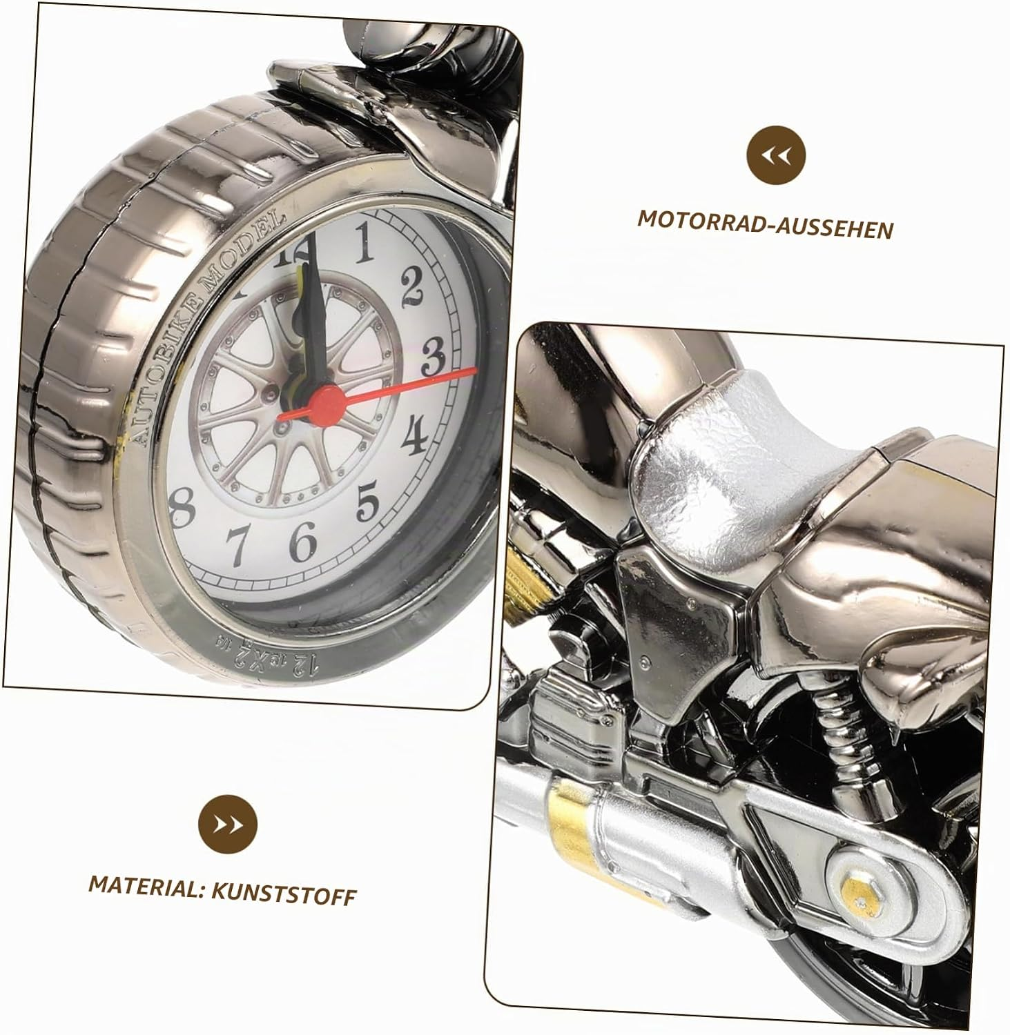 Motorradförmige Tischuhr aus Kunststoff mit weißem Zifferblatt und silberner Optik.