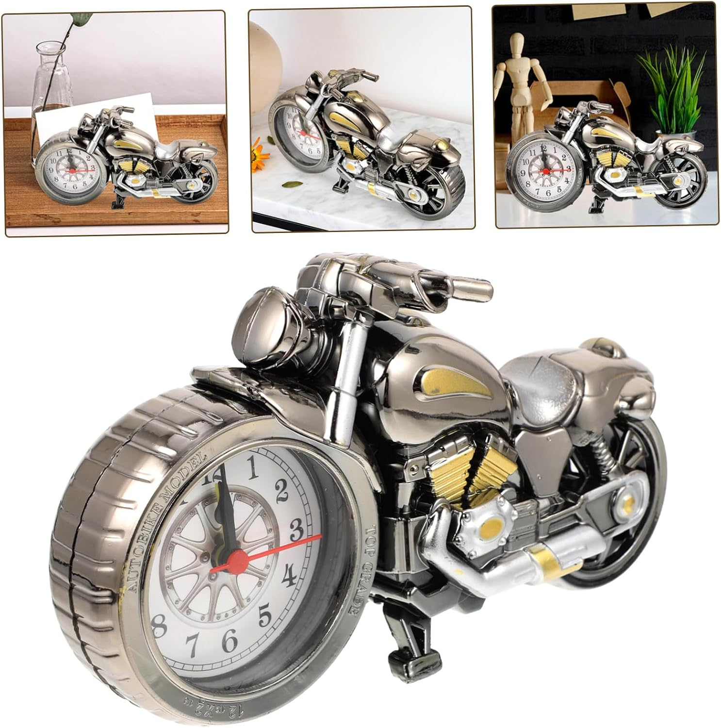 Metallener Motorrad-Wecker mit Uhrenzifferblatt im Vorderreifen, goldfarbenen Akzenten und weissem Zifferblatt.