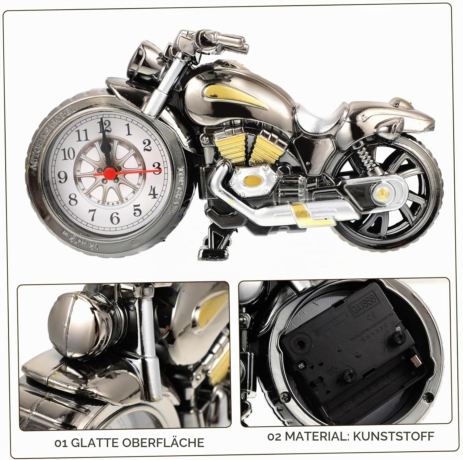 Motorradförmige Tischuhr mit glänzender Oberfläche und Kunststoffgehäuse.