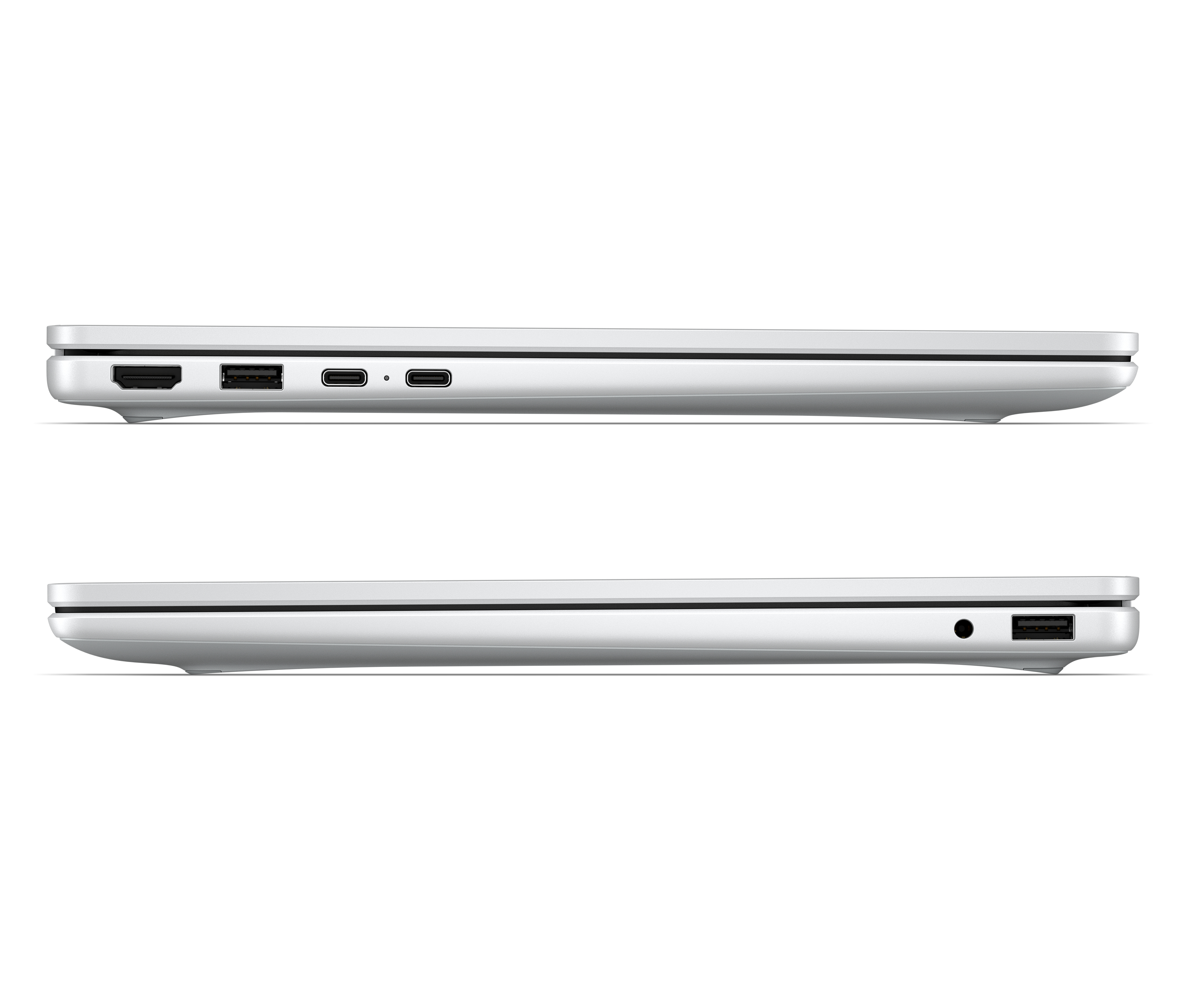 Vista laterale di un laptop argento con varie porte su entrambi i lati.