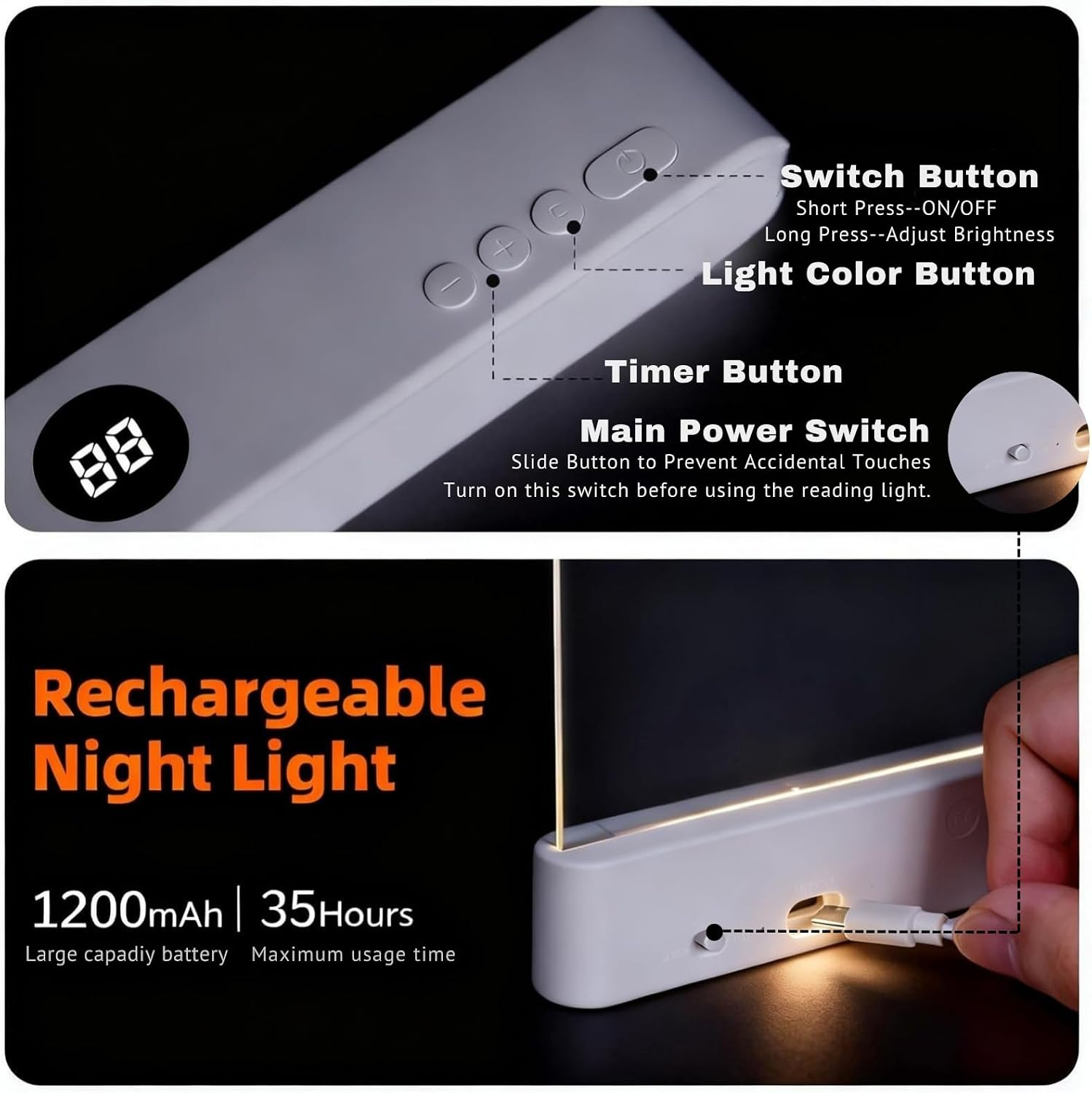 Diagramm zeigt Tasten und Ladeanschluss einer wiederaufladbaren Nachtlampe mit 1200mAh.
