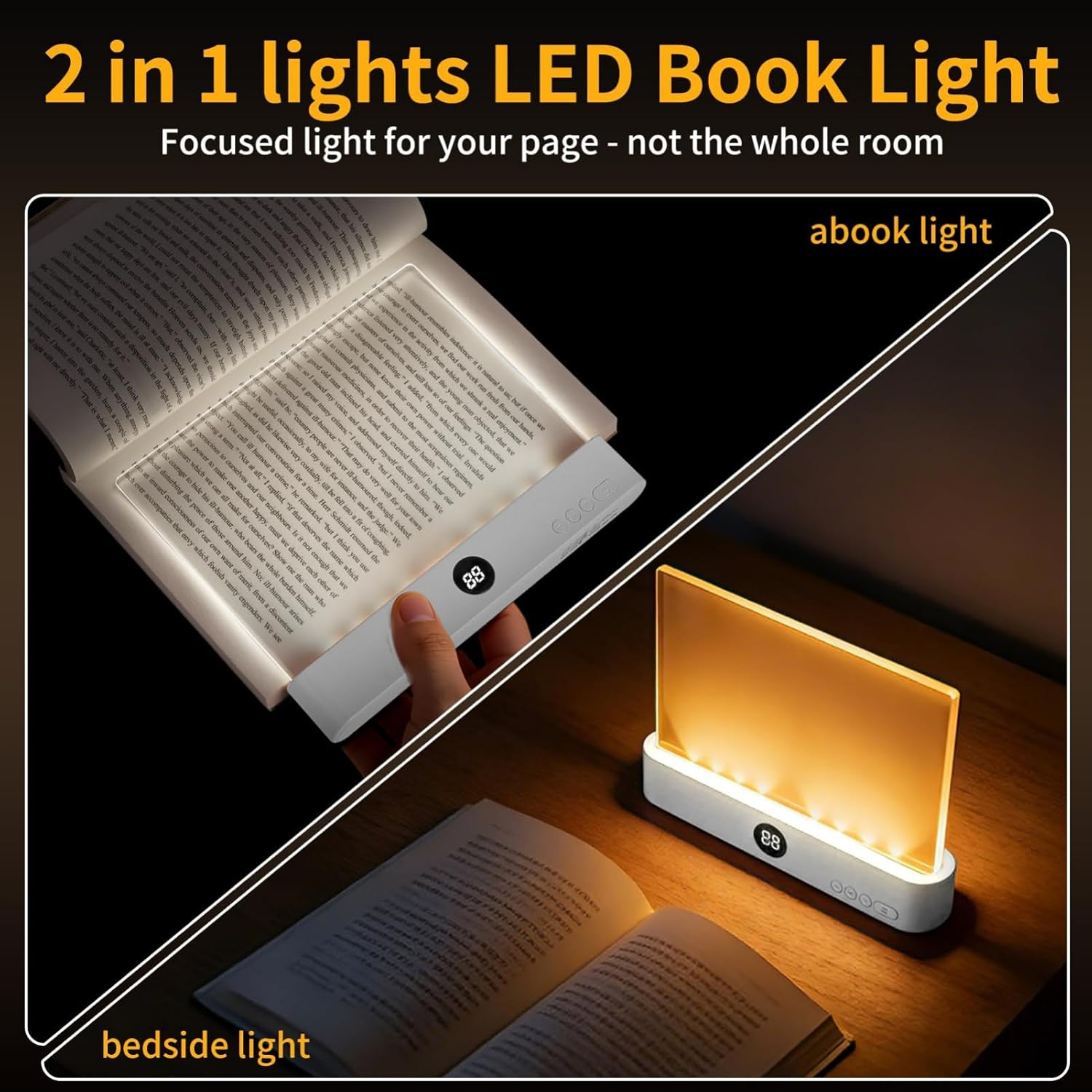 Eine 2-in-1-LED-Buchleuchte und Nachttischlampe im Einsatz auf einem offenen Buch, mit Textüberlagerung.
