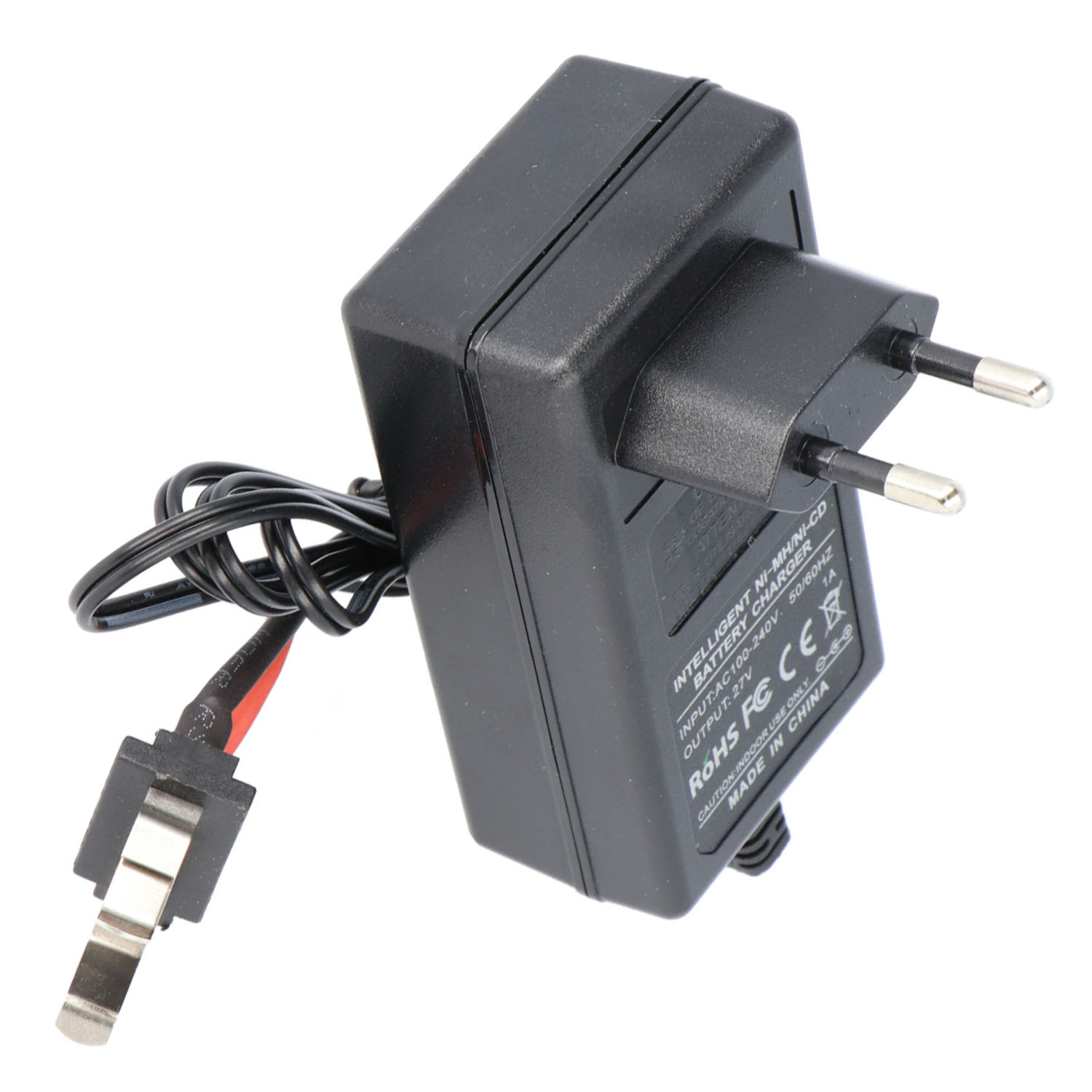 Ein schwarzes Netzteil mit einem EU-Stecker und einem schwarzen Kabel mit einem Stecker.