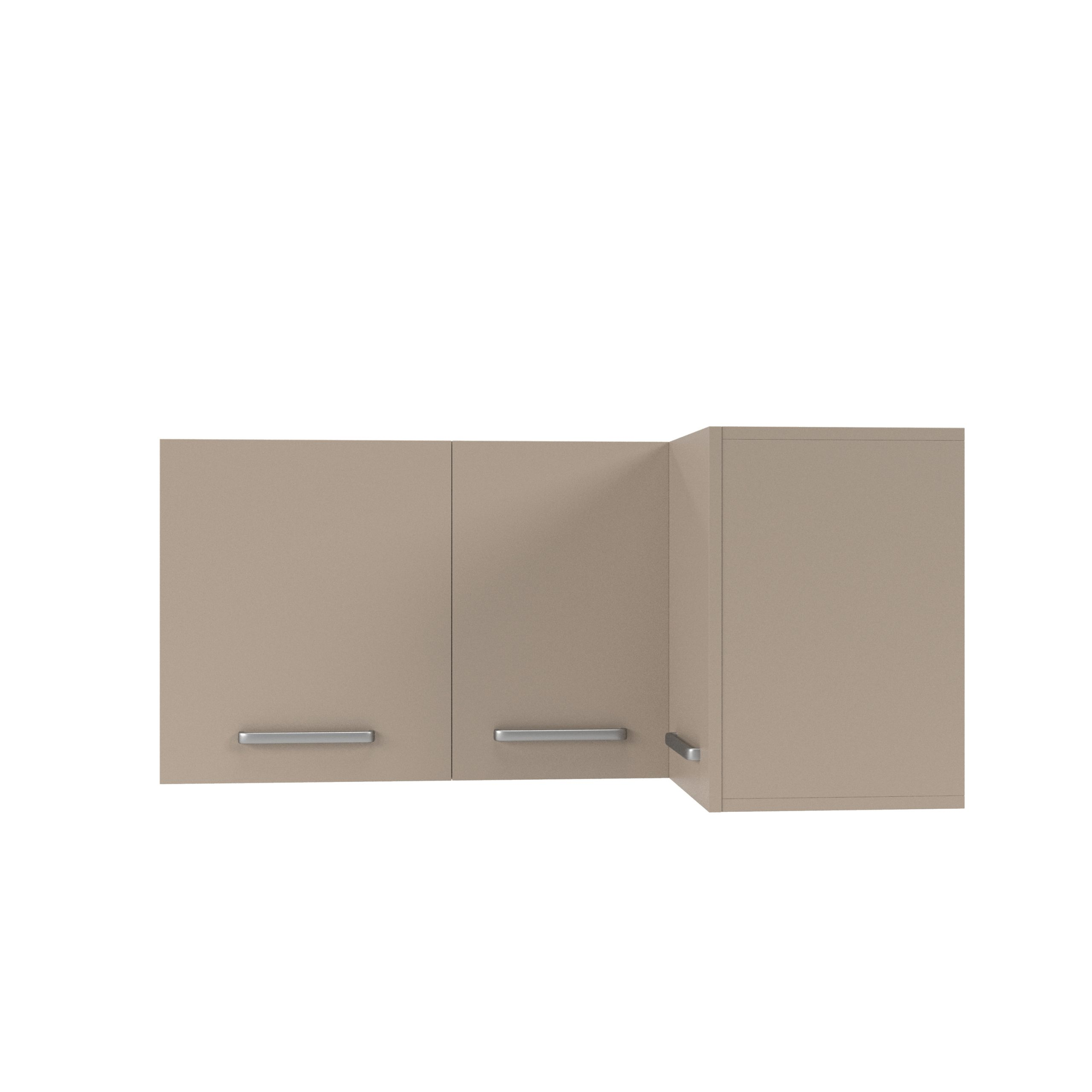 Beige Hängeschränke mit silbernen Griffen auf weißem Hintergrund.