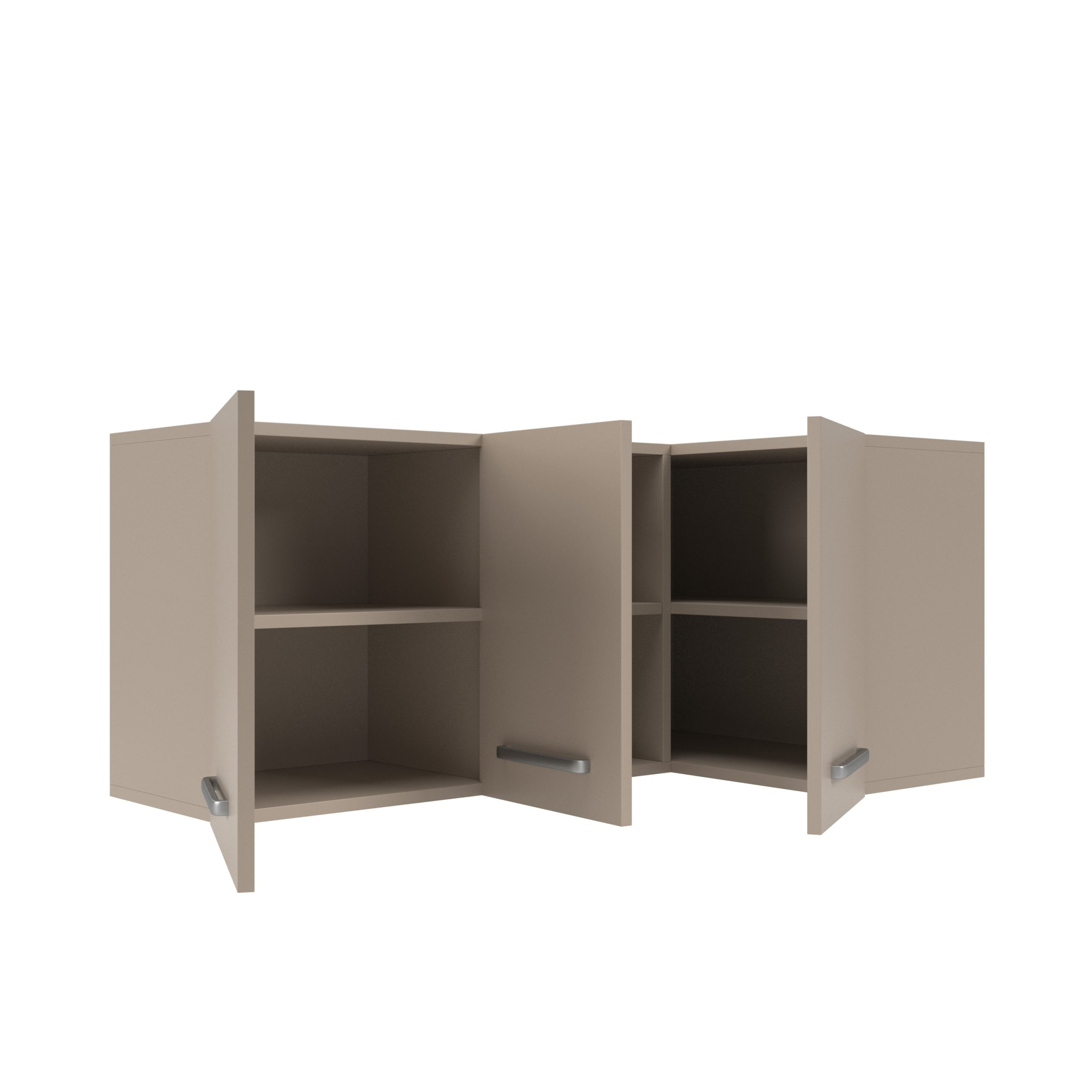 Beige Hängeschränke mit geöffneten Türen und Einlegeböden auf weißem Grund.