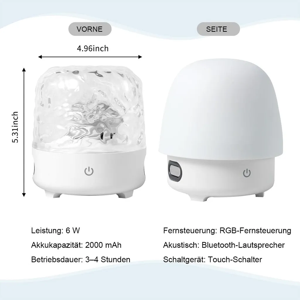 Technische Zeichnung und Ansichten einer kleinen weißen Lampe mit Maßen, Front und Seite.