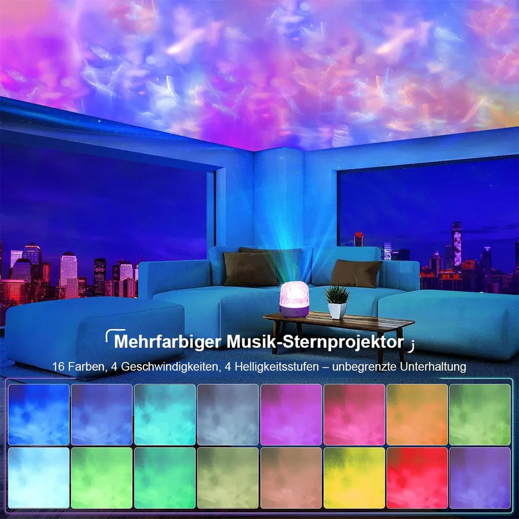Ein Raum mit Projektor, bunten Deckenlichtern, blauem Sofa und Farbfeldern mit deutschem Text.