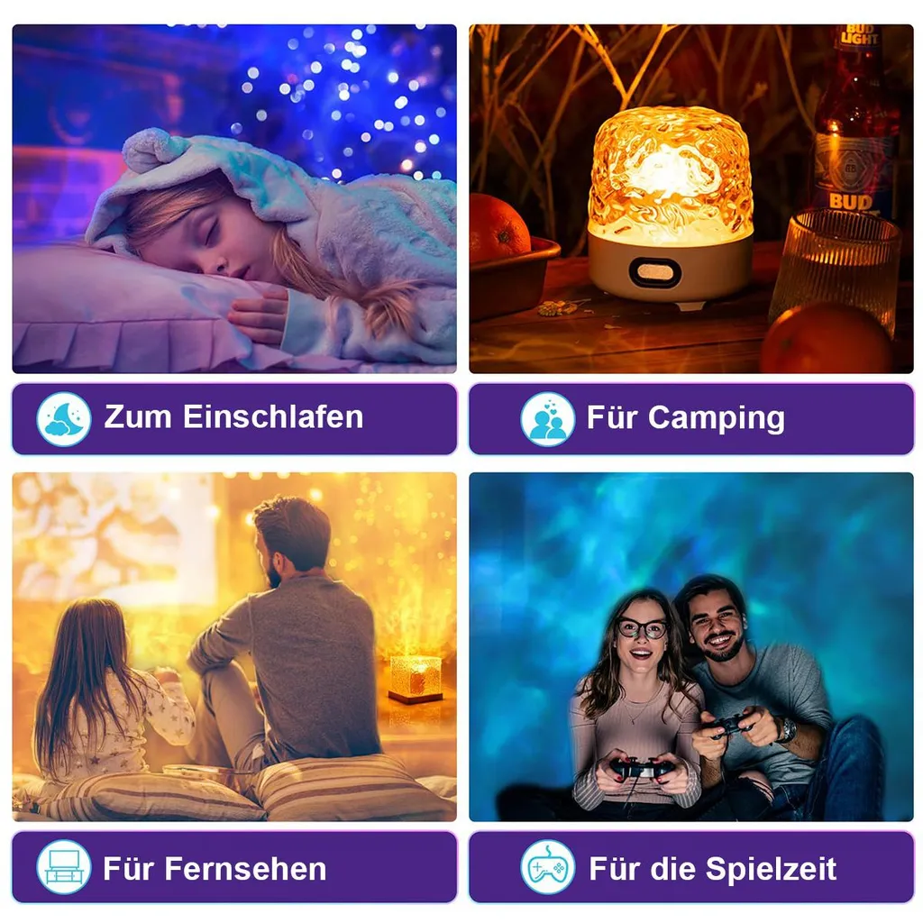 Vier Bilder zeigen eine Nachtlichtlampe in verschiedenen Szenen: Schlafen, Camping, Fernsehen und Gaming.