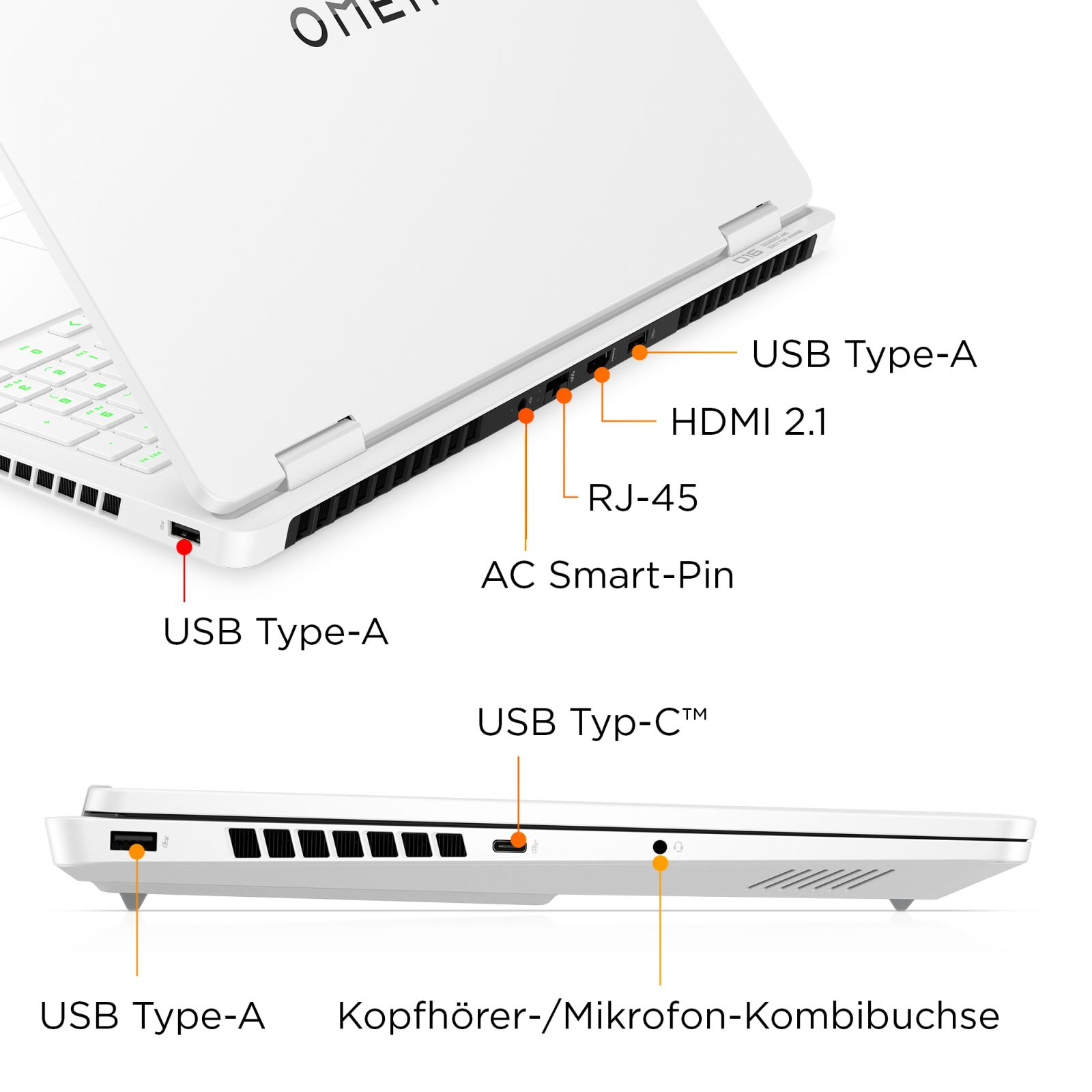 Rück- und Seitenansicht eines weißen Laptops mit verschiedenen markierten Anschlüssen wie USB, HDMI und RJ-45.