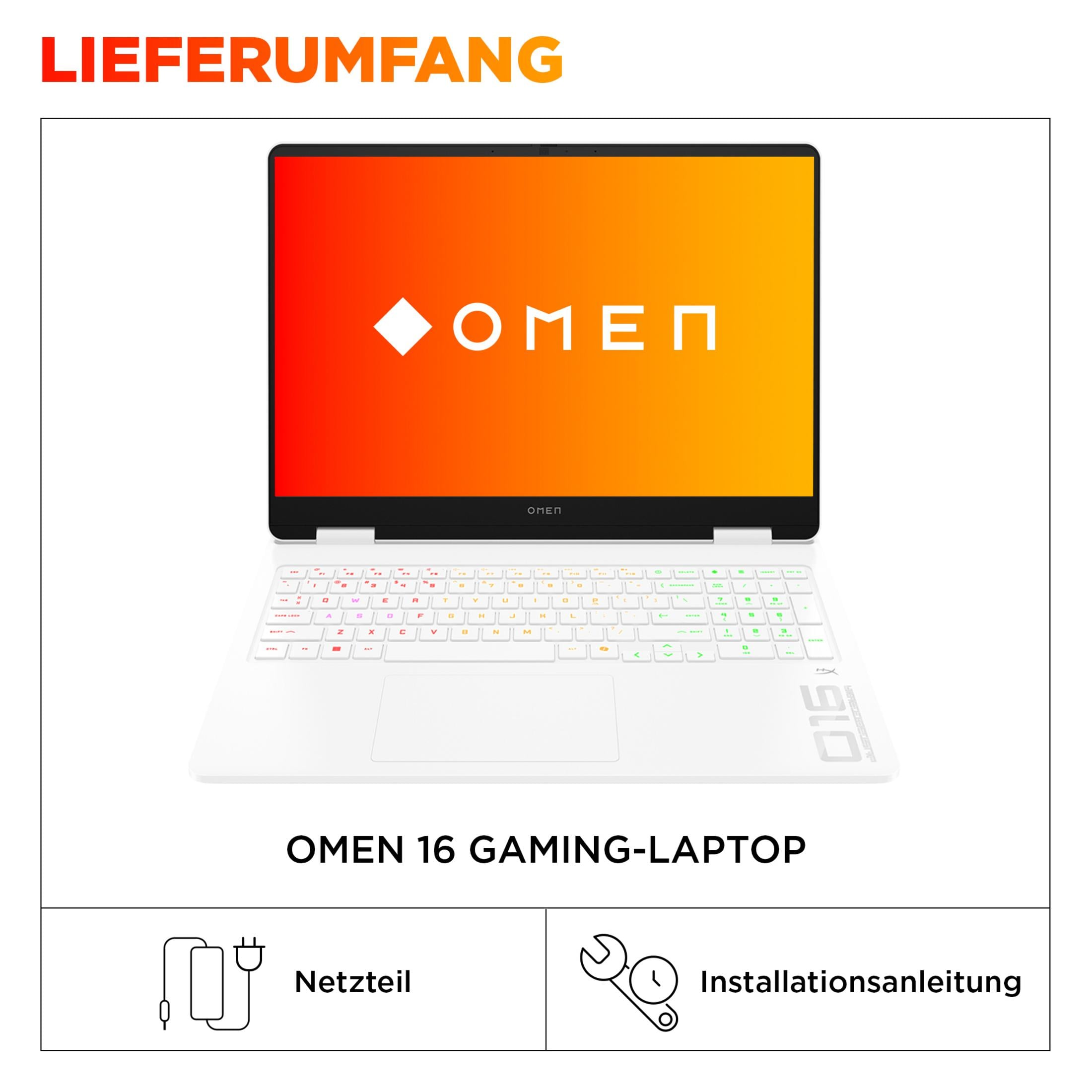 Lieferumfang: Omen 16 Gaming-Laptop, Netzteil und Installationsanleitung.