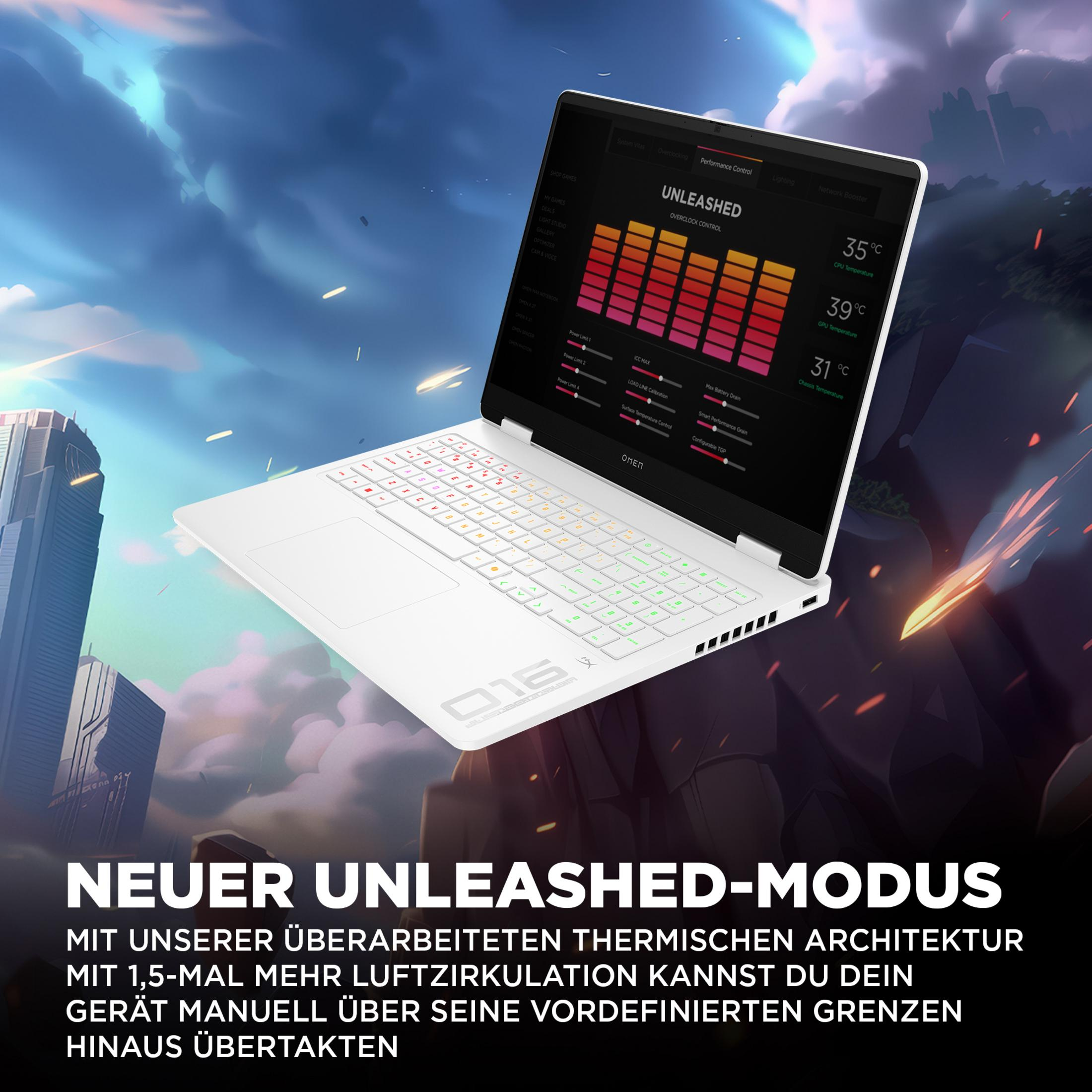 Ein weißer Laptop mit Leistungsanzeige schwebt vor einem futuristischen Hintergrund.