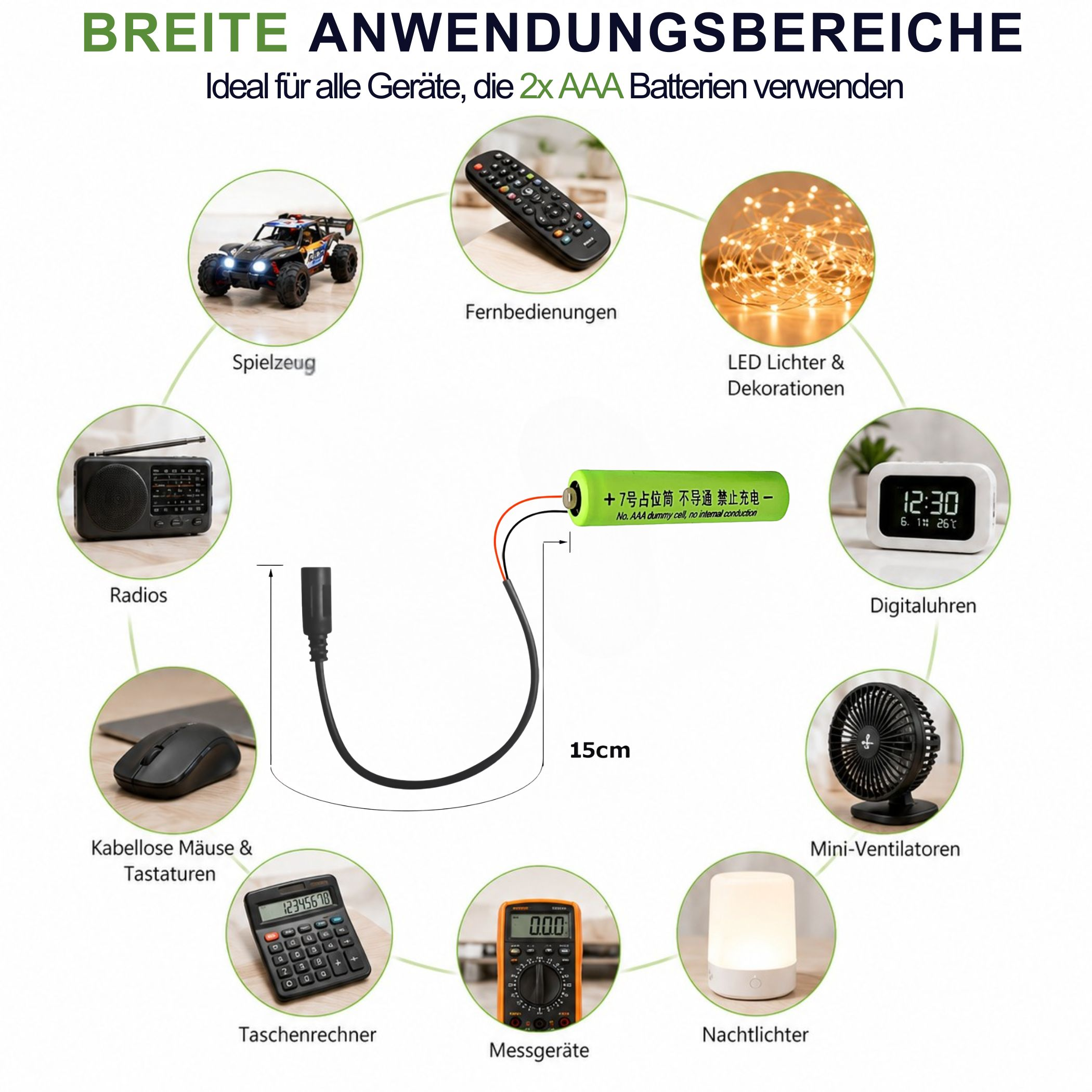Eine grüne AAA-Dummiezelle mit Kabel und verschiedenen Alltagsgeräten im Kreis.