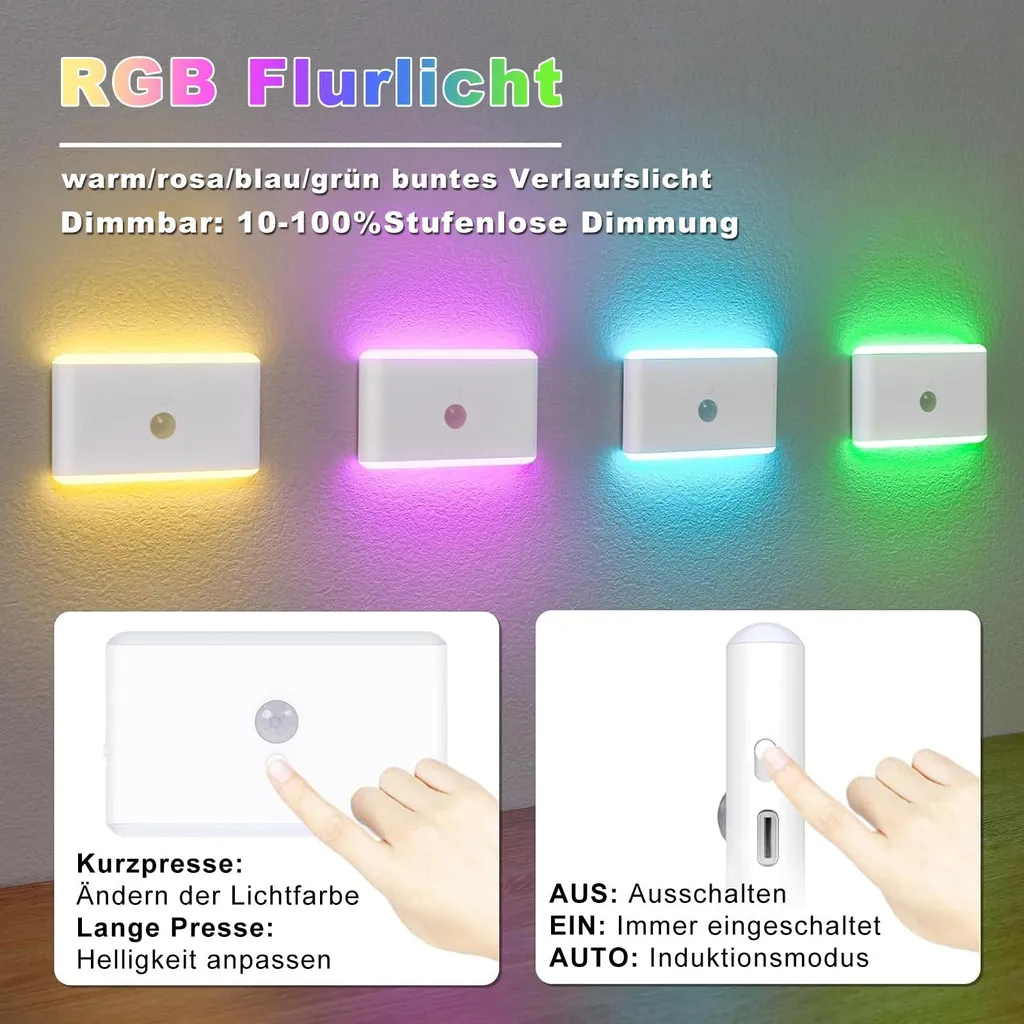 Vier dimmbare RGB-Flurlichter in Gelb, Pink, Blau und Grün mit Anleitung für Tastenbedienung.