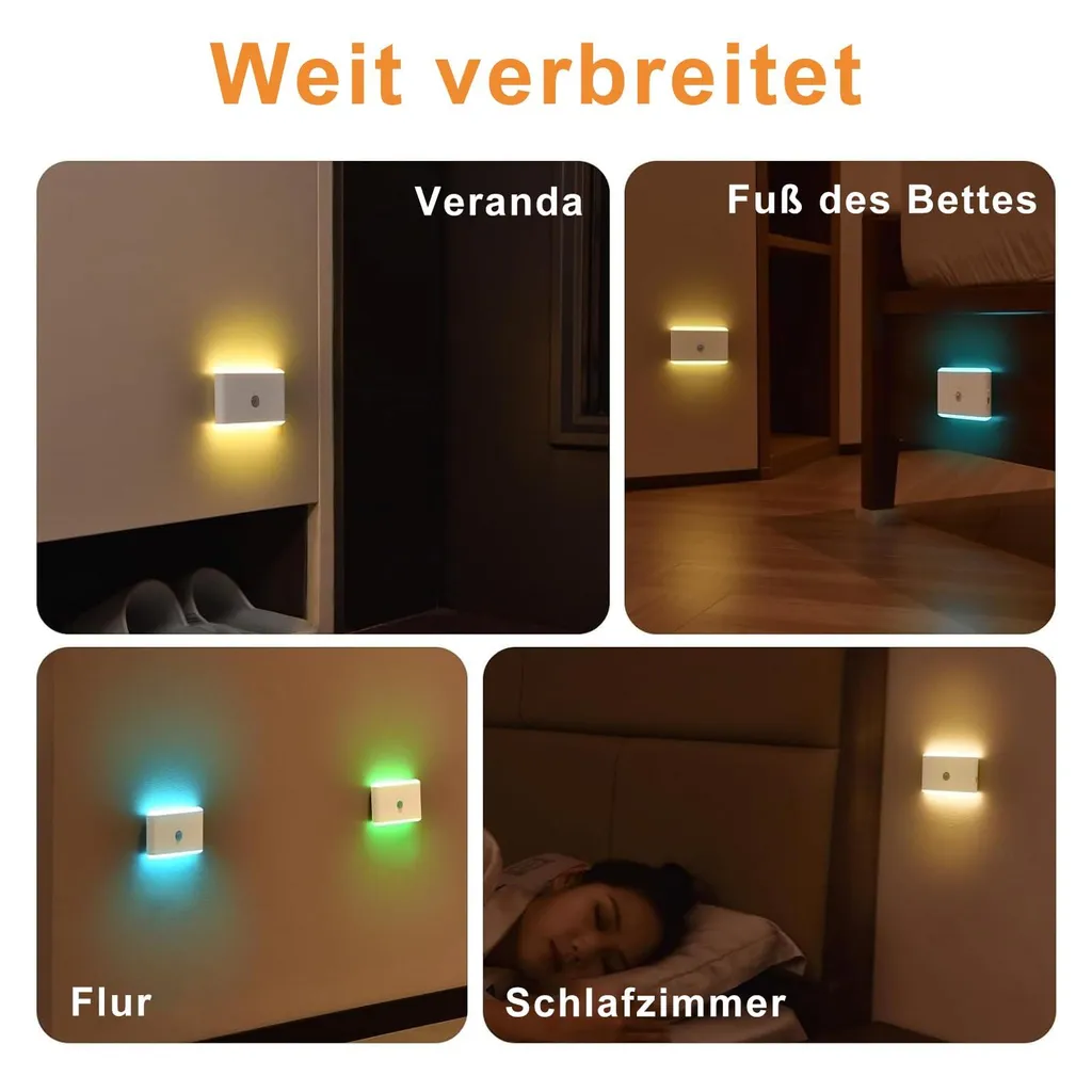 Vier Bilder zeigen kleine LED-Nachtlichter an verschiedenen Wänden in Veranda, Bettfuß, Flur und Schlafzimmer.