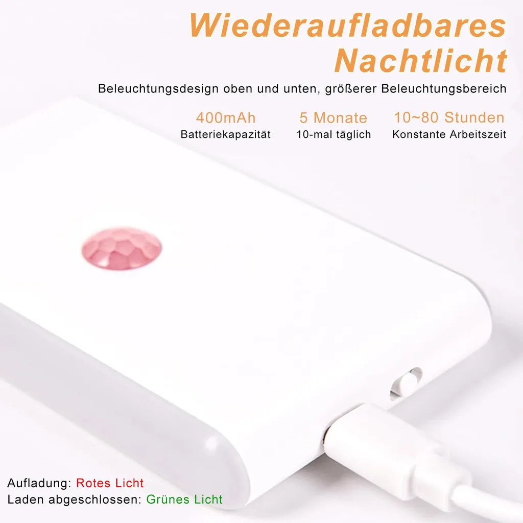 Weißes, wiederaufladbares Nachtlicht mit USB-Kabel und Sensorknopf, begleitet von deutschen Texten.