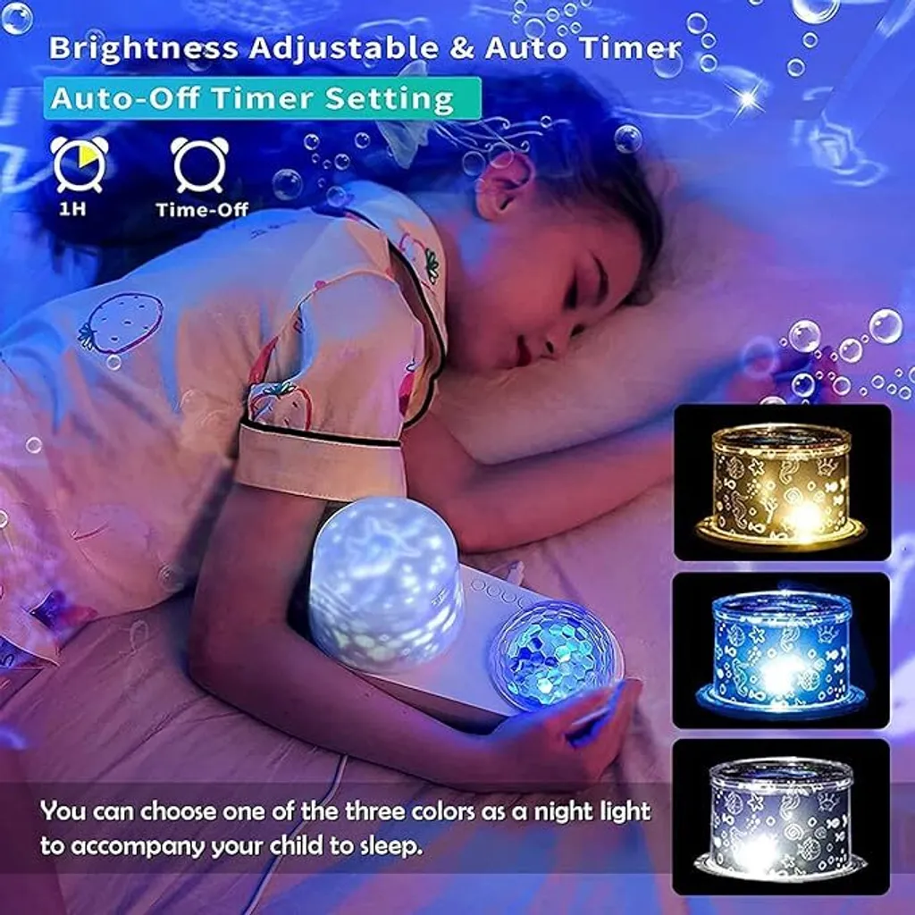 Ein Kind schläft neben einer blau leuchtenden Sternenprojektorlampe mit verschiedenen Lichtfarben.