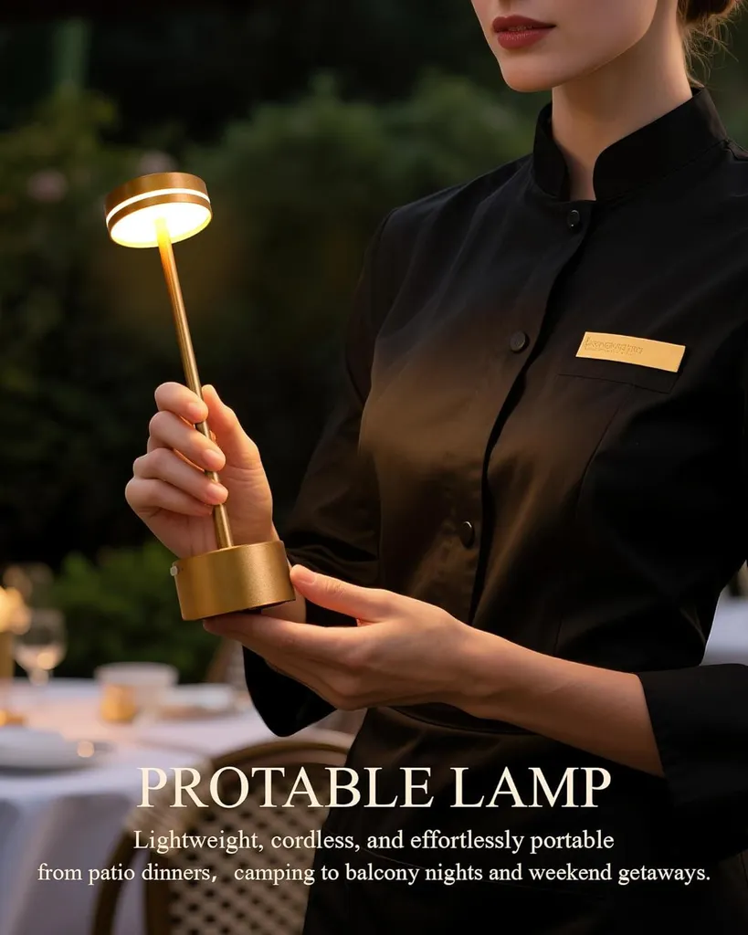Eine Person im schwarzen Oberteil hält eine kleine, tragbare Goldlampe mit warmem Licht.