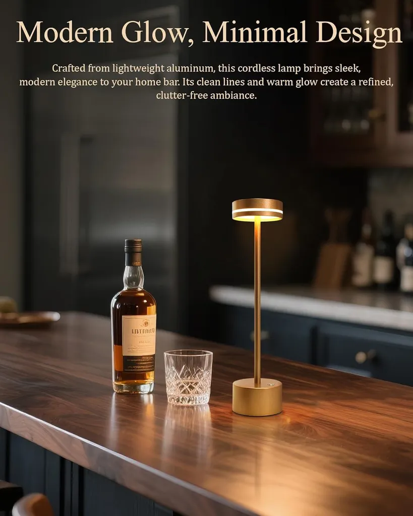 Eine goldene kabellose Lampe, Spirituosenflasche und Kristallglas auf einer Holztheke.