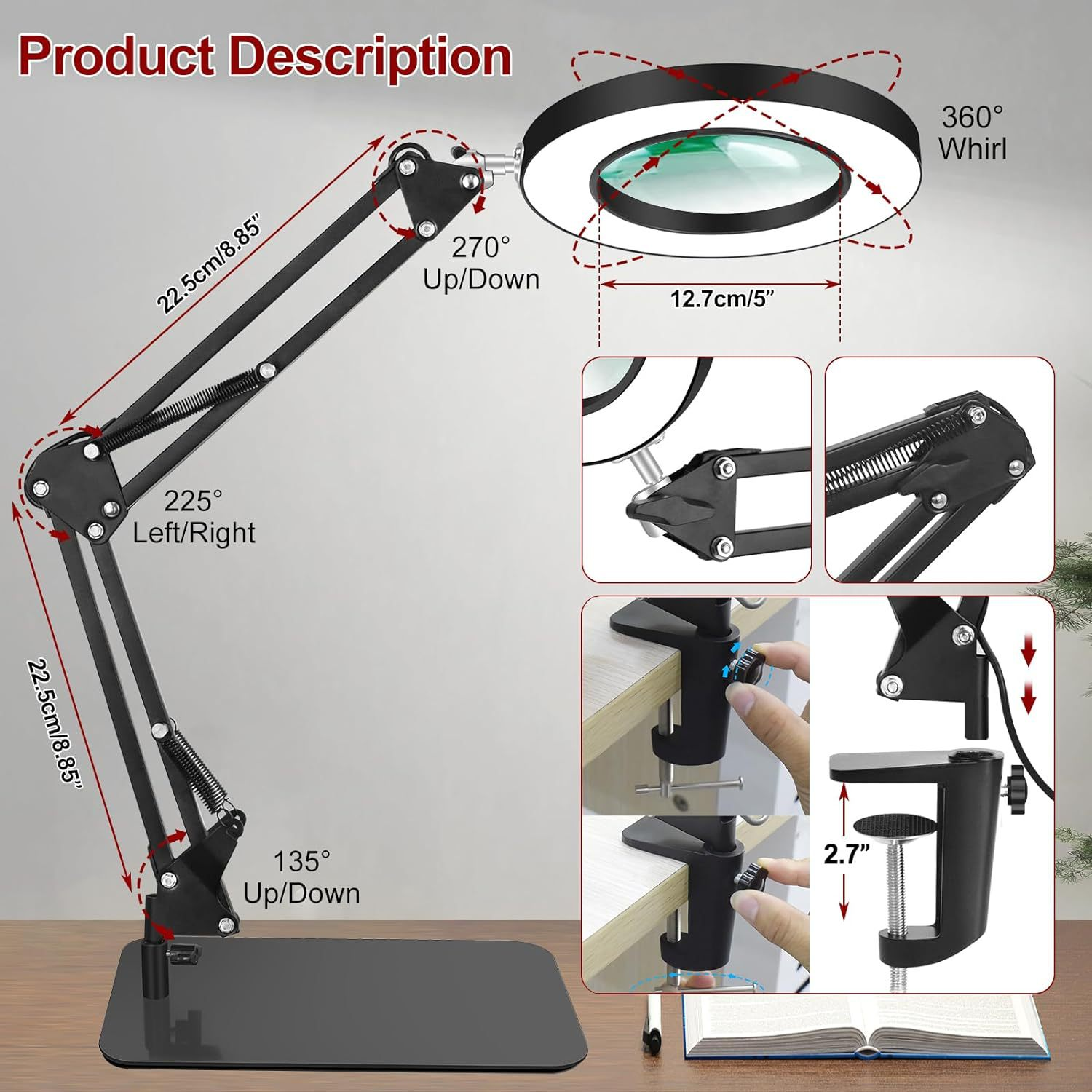 Produktbeschreibung einer schwarzen Schreibtischlampe mit Lupe, Maßen und flexiblen Gelenken.