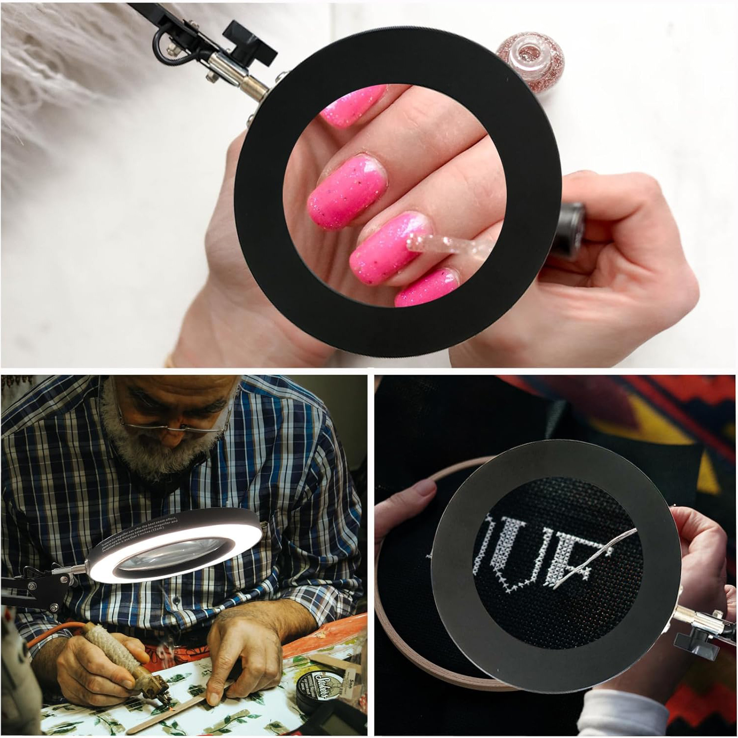 Collage aus Händen mit pinkem Glitzer-Nagellack, einem Mann beim Löten mit Lupe und Kreuzstich.