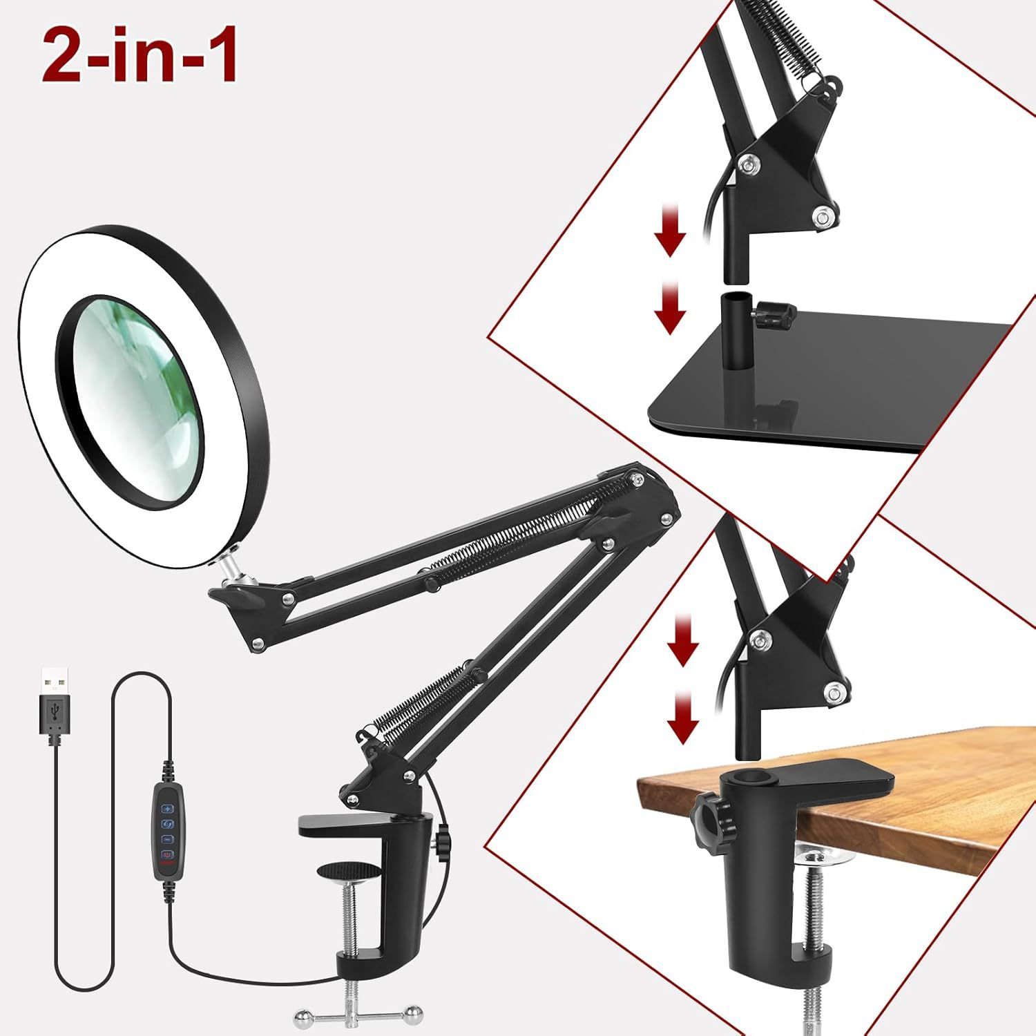 Schwarze 2-in-1-Lupe mit LED-Ringlicht, Tischklemme, Standfuß und USB-Kabel.