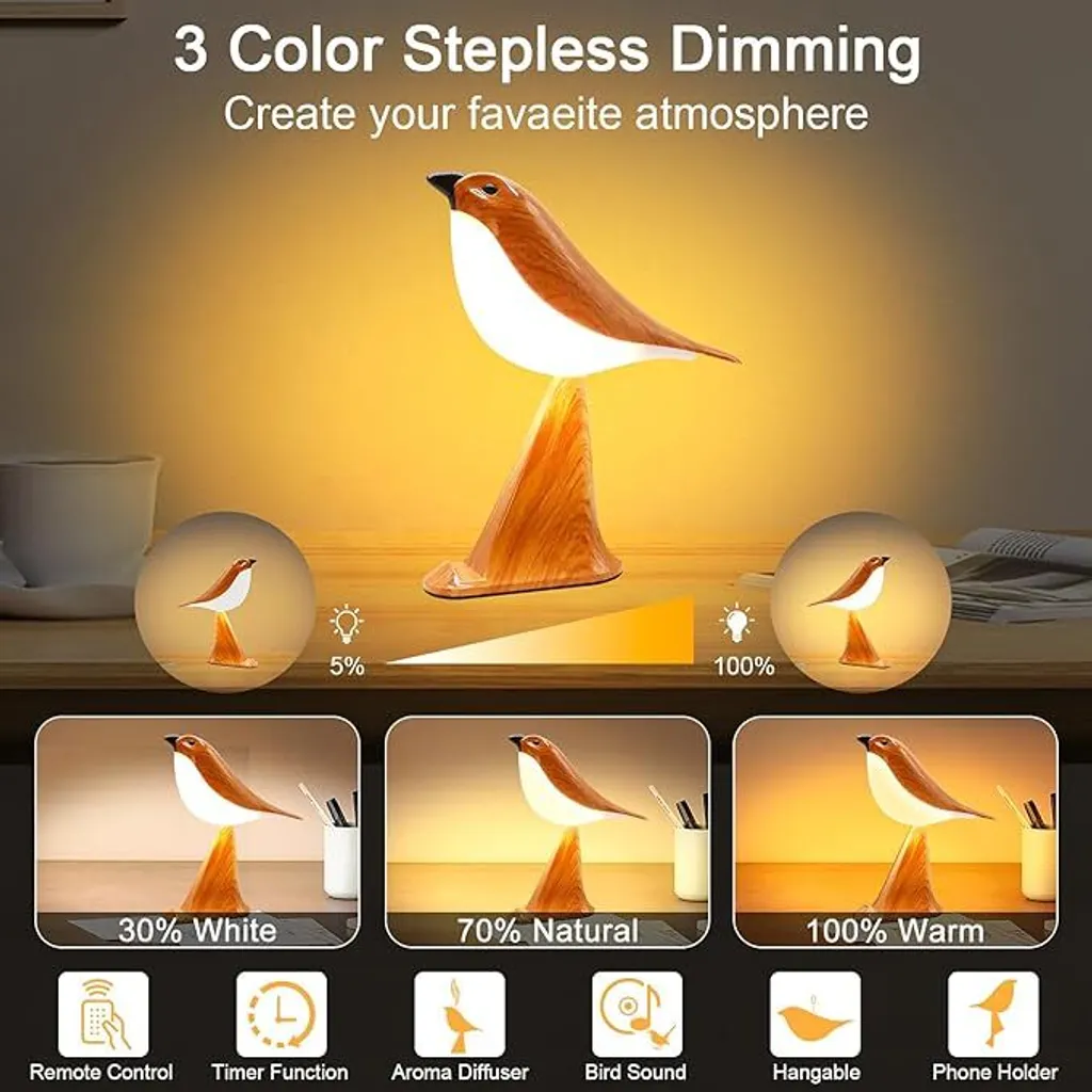 Eine hölzerne vogelartige Lampe mit 3-Farben-Dimmung, auf einem Schreibtisch mit Timer- und Fernbedienungsfunktionen.