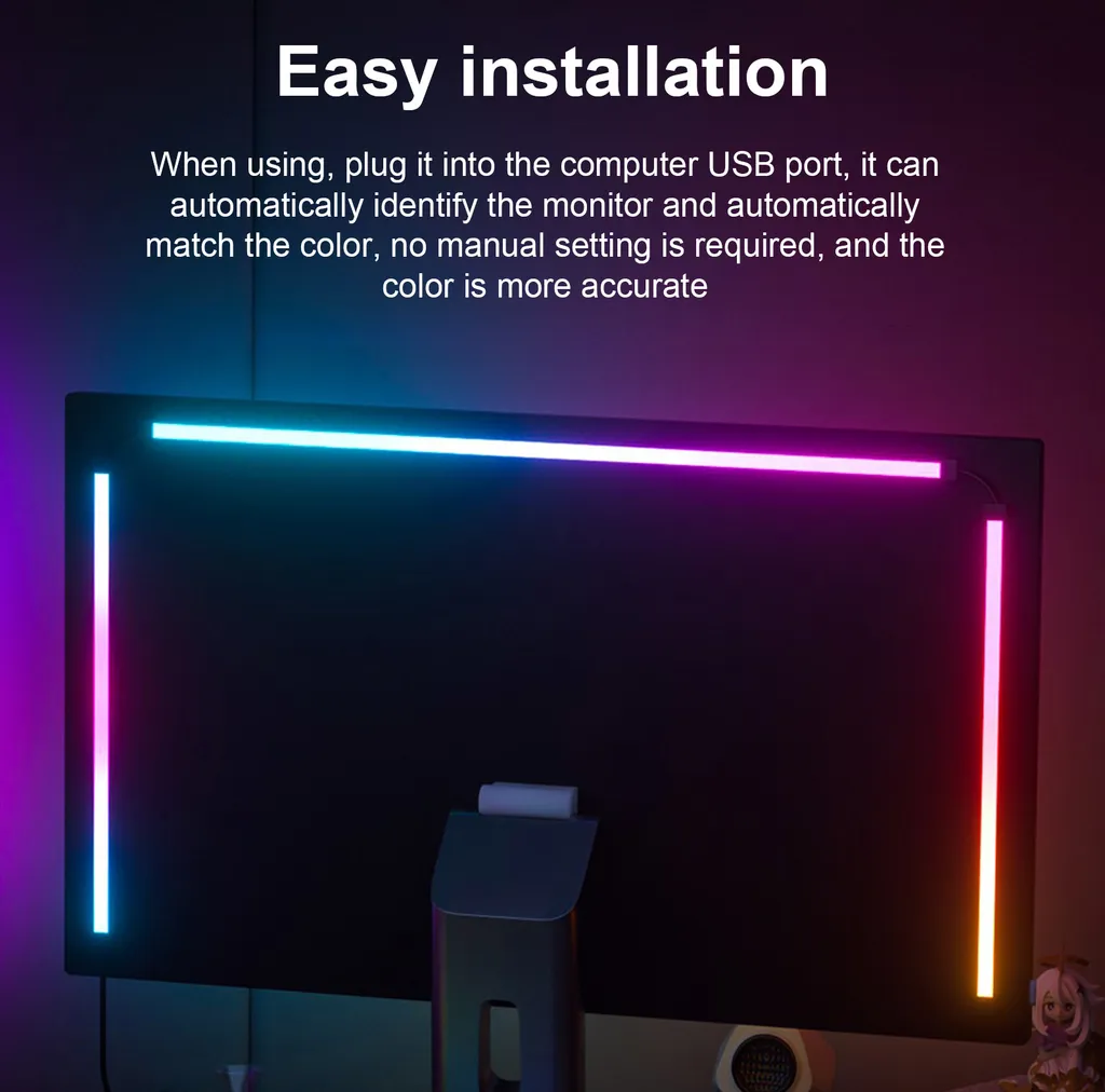 RGB-Lichtleisten auf der Rückseite eines Monitors leuchten in Blau, Pink und Orange.