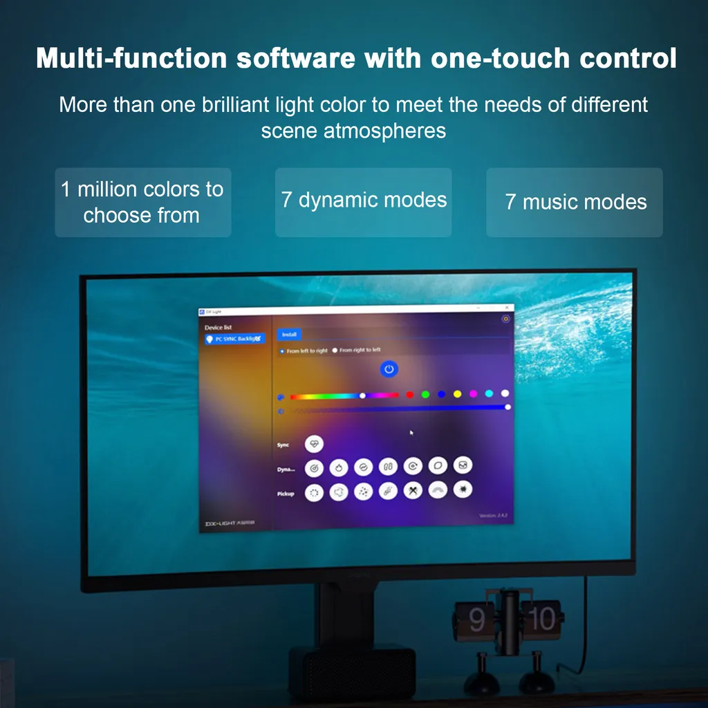Ein Computermonitor zeigt Multifunktionssoftware mit Farboptionen, dynamischen Modi und Musikmodi vor blauem Hintergrund.