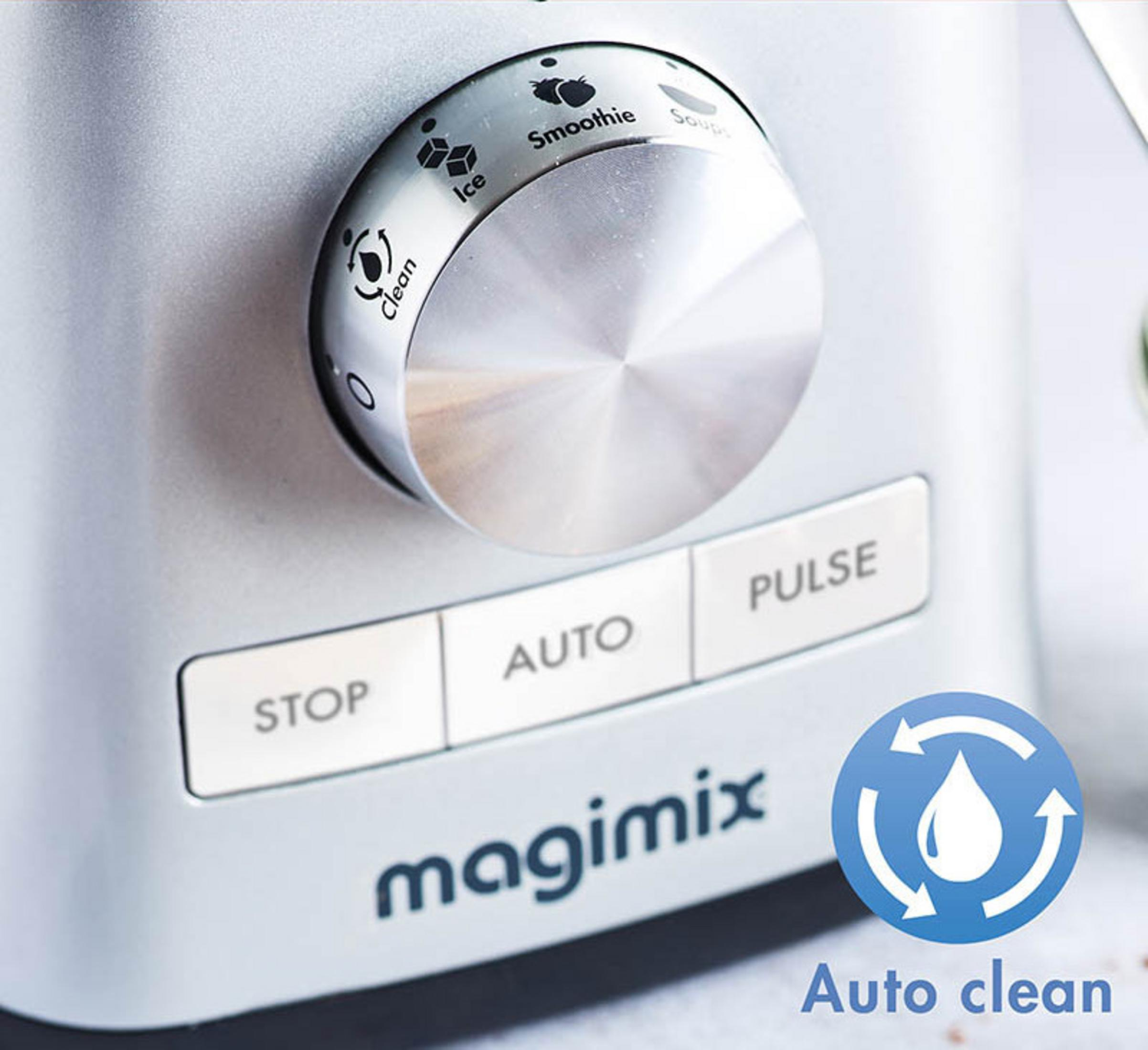 Frullatore Magimix con manopola argentata per pulizia, ghiaccio e smoothie, e pulsanti stop, auto e pulse.