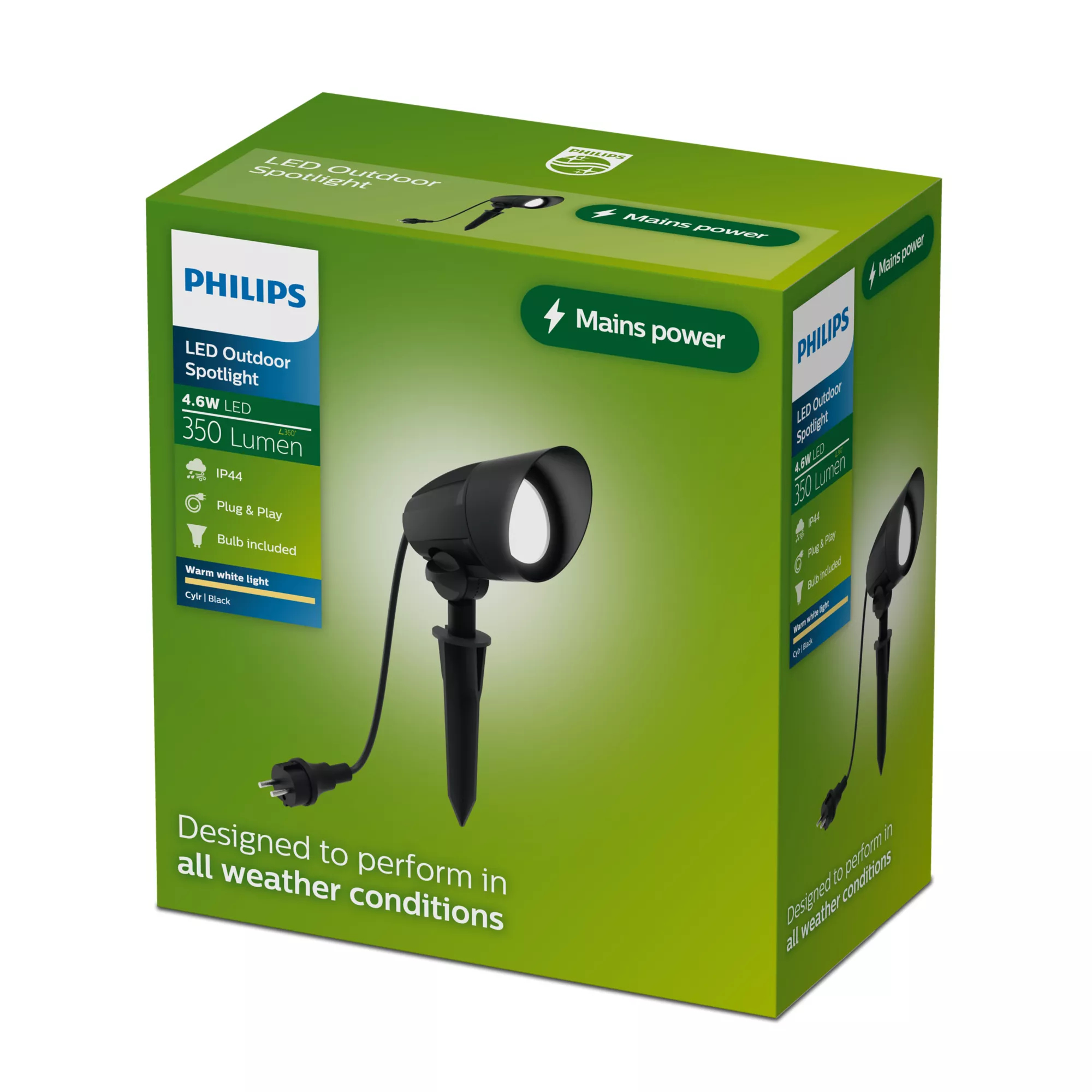 Grüne Produktverpackung für Philips LED Outdoor Spotlight mit integriertem Scheinwerfer.