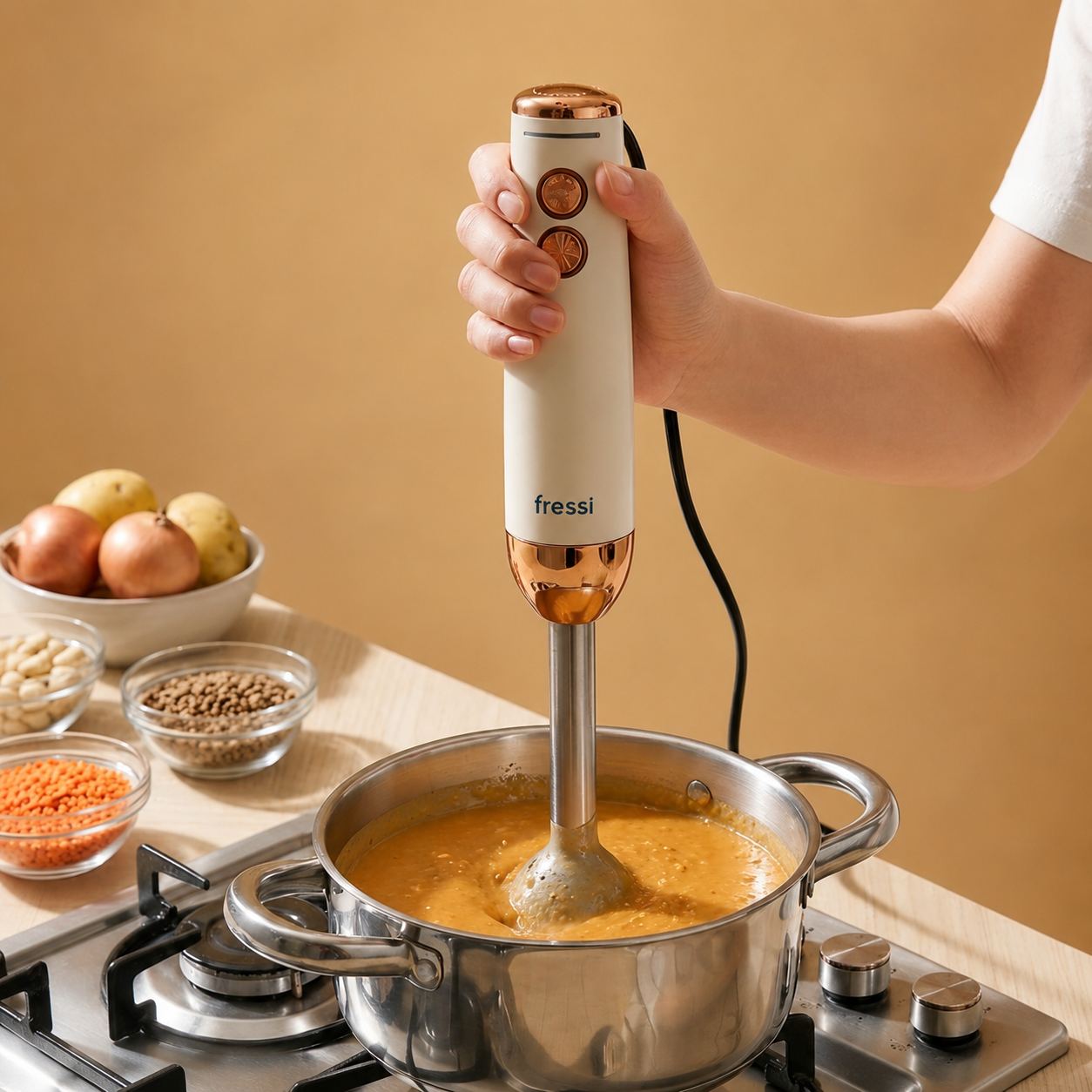 Bir el, ocaktaki tencerede çorbayı püre haline getiren bej ve bakır rengi el blenderı tutuyor.