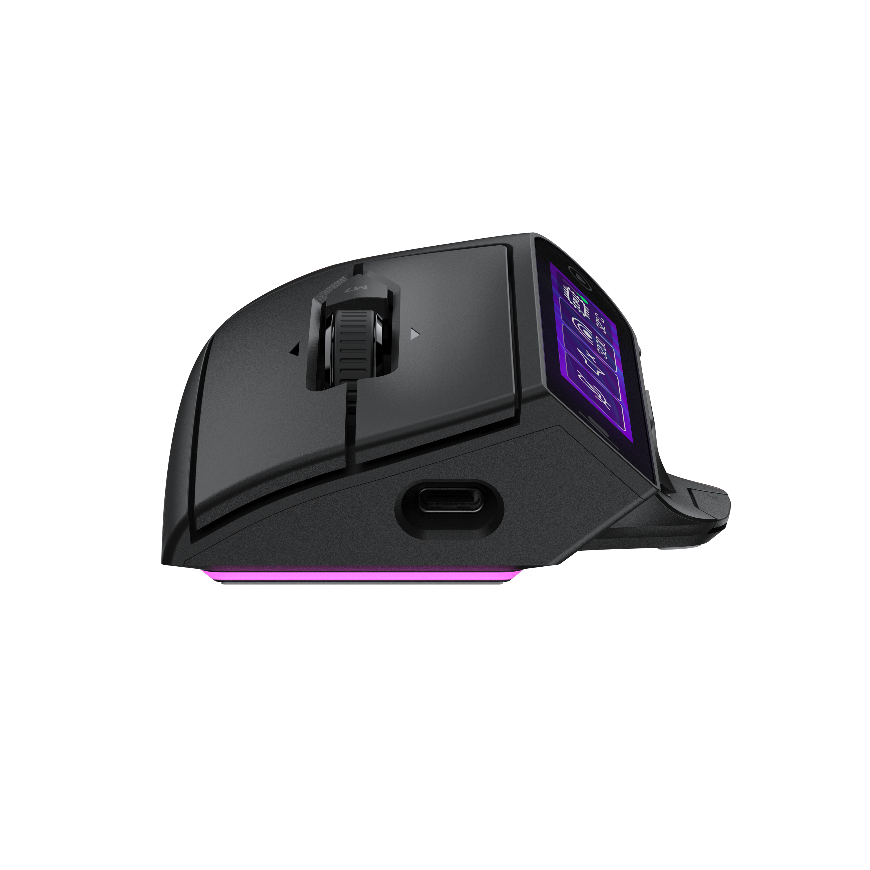 Schwarze Gaming-Maus mit LCD-Display, USB-C-Anschluss und RGB-Beleuchtung auf schwarzem Hintergrund.