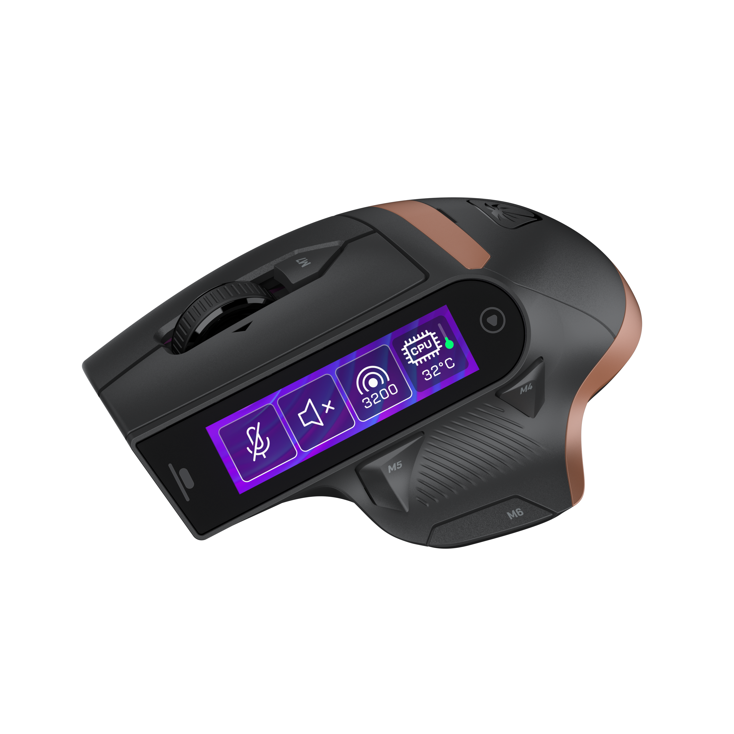 Schwarze Gaming-Maus mit LCD-Bildschirm und Kupferakzenten auf schwarzem Hintergrund.